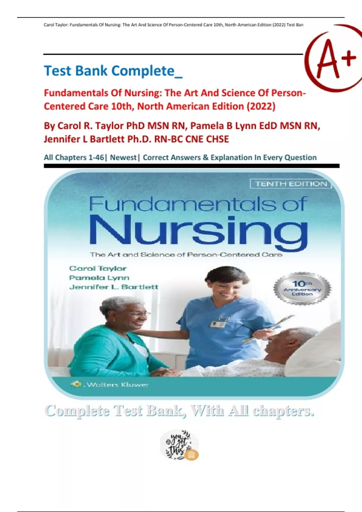 Test Bank Complete_ Fundamentals Of Nursing: The Art And Science Of Person-Centered Care 10th ...