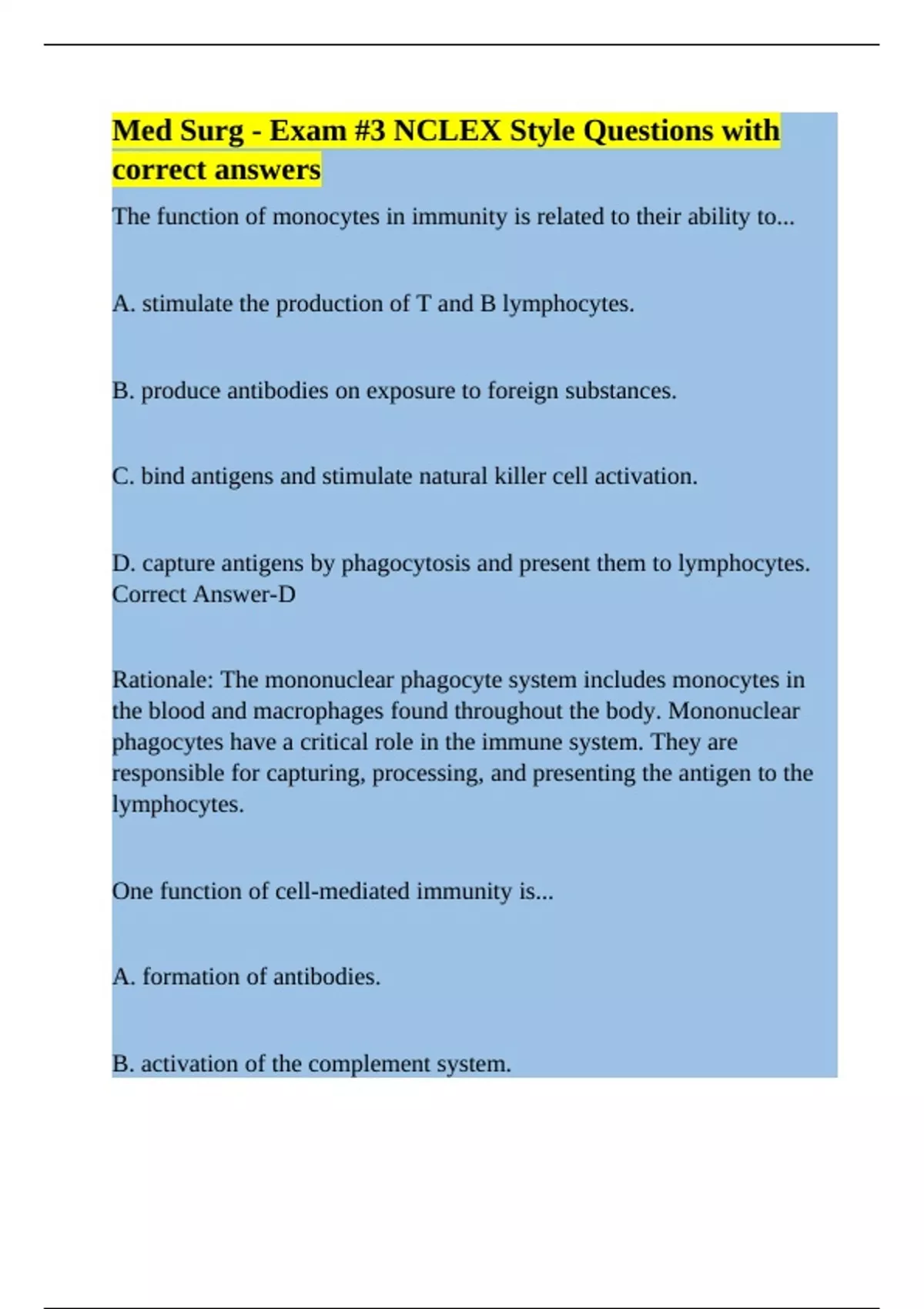 Med Surg - Exam #3 NCLEX Style Questions with correct answers - RN ...