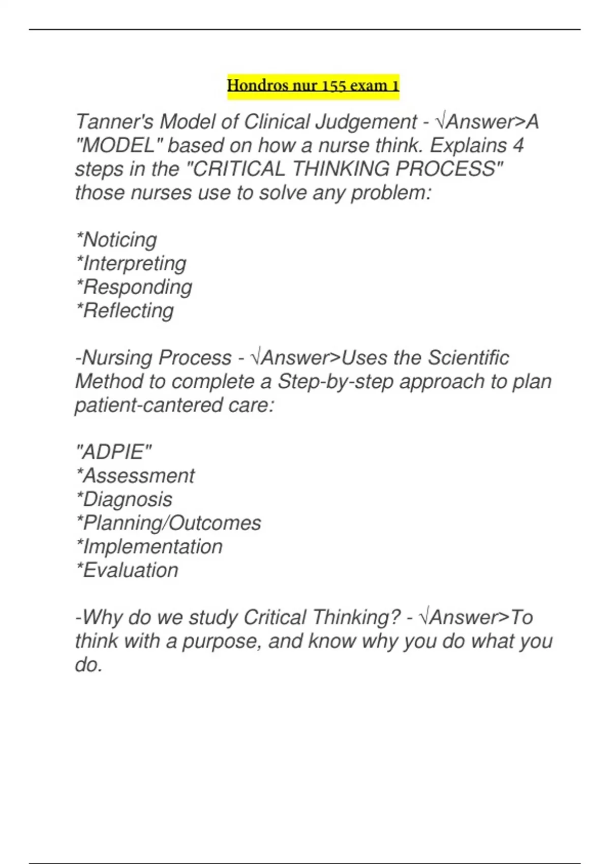 HONDROS NUR 155 EXAM 1 /53 QUESTIONS AND ANSWERS (A+) 2024/2025 updated ...