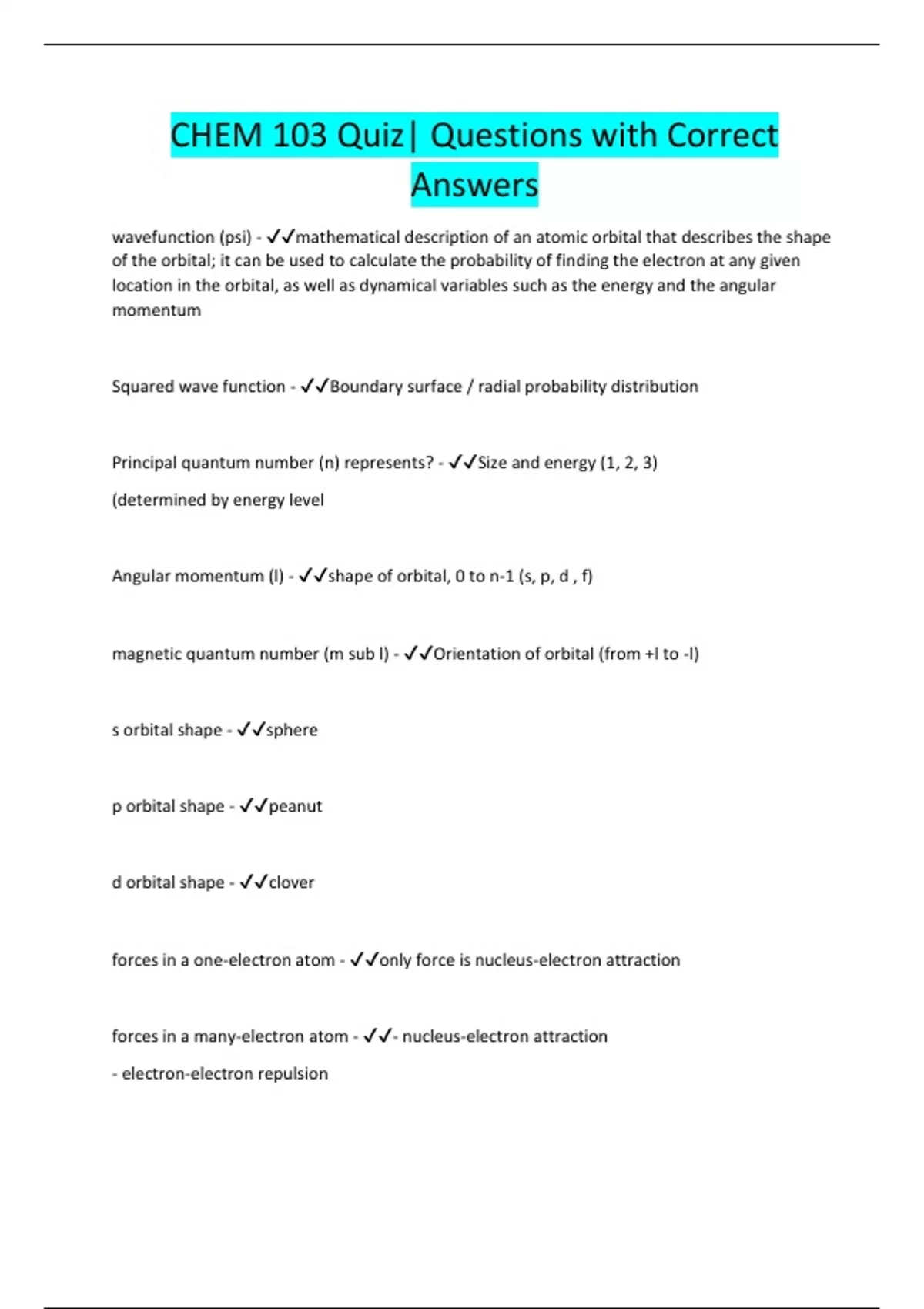CHEM 103 Quiz| Questions with Correct Answers - Chem 103 - Stuvia US