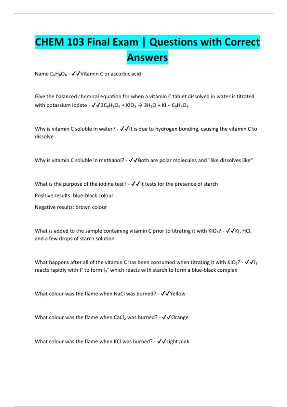 CHEM 103 Final Exam | Questions with Correct Answers - Chem 103 - Stuvia US