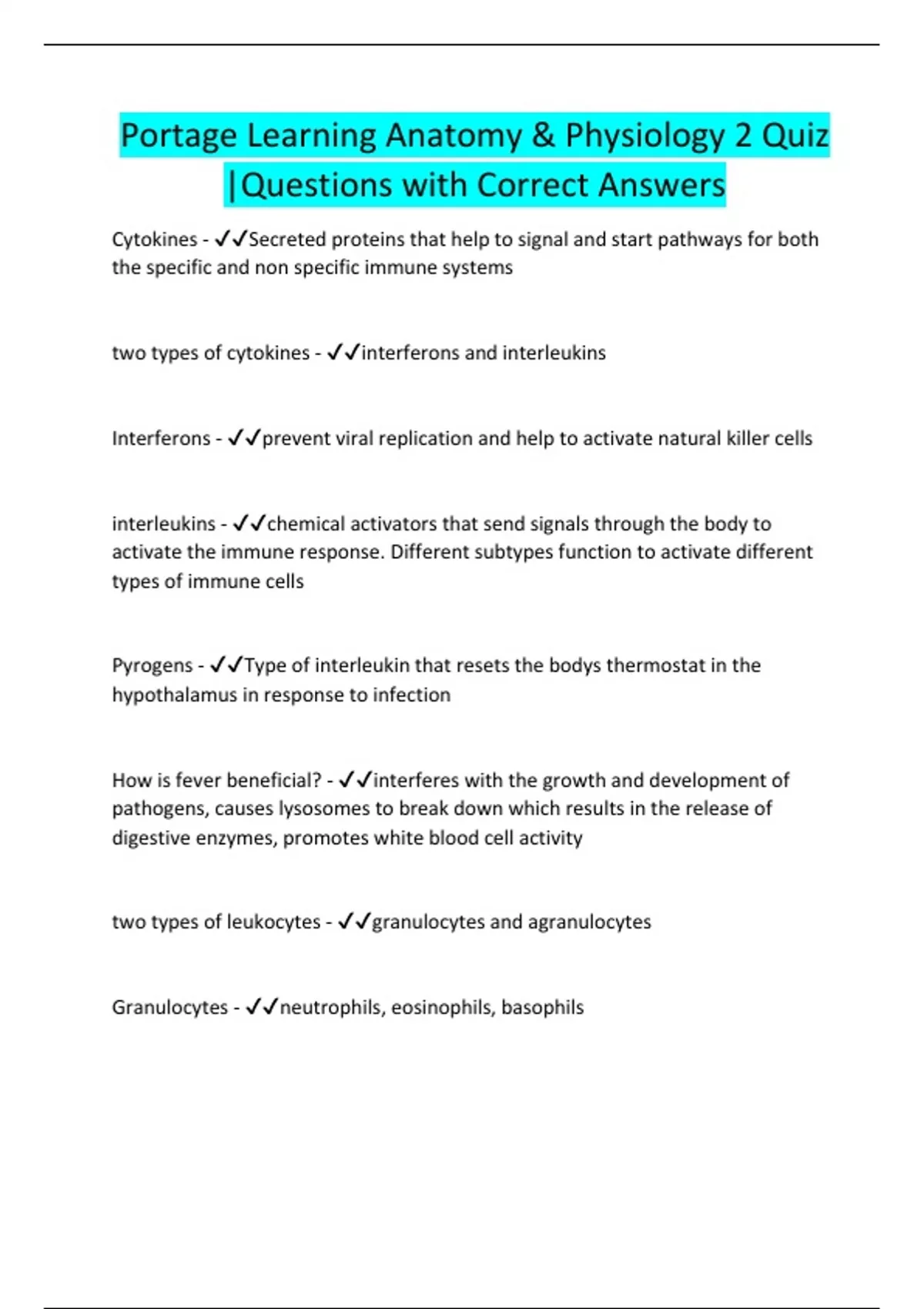 Portage Learning Anatomy & Physiology 2 Quiz |Questions with Correct ...