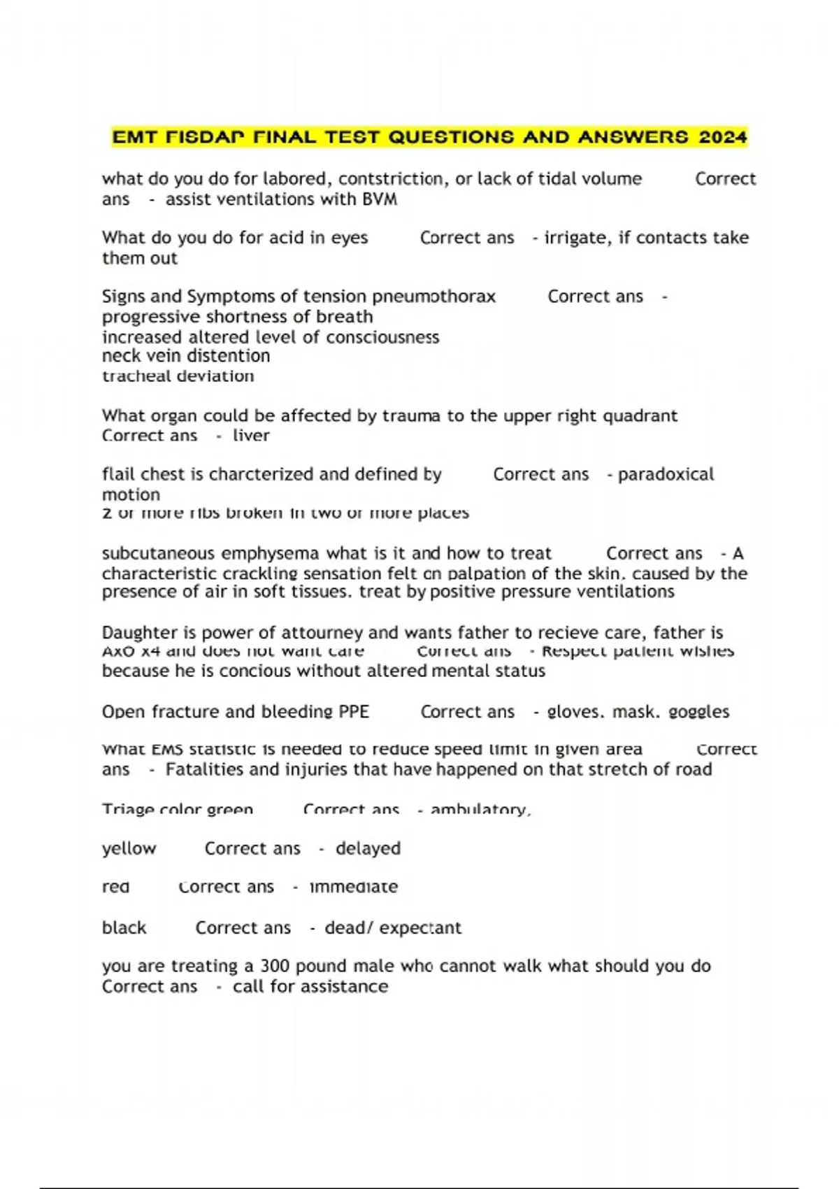 EMT FISDAP FINAL TEST QUESTIONS AND ANSWERS 2024 - EMT - Stuvia UK