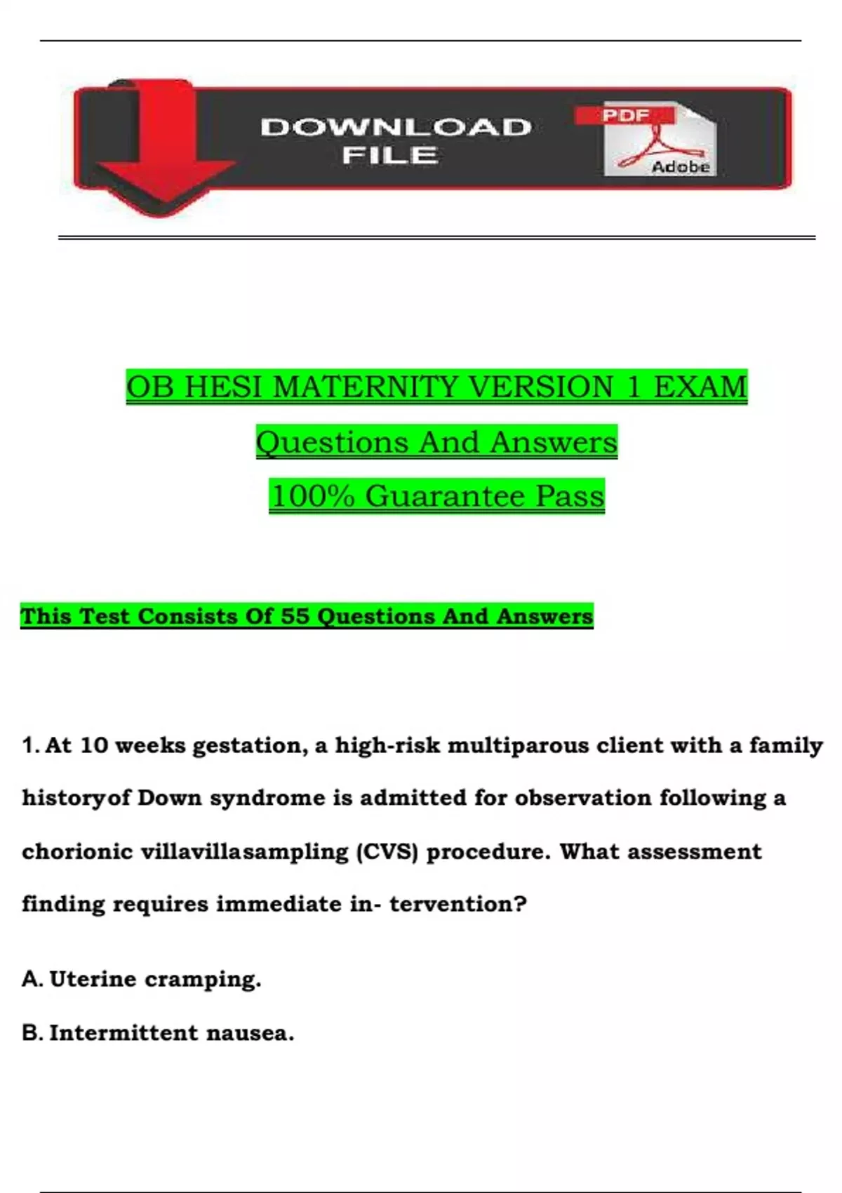 HESI Maternity OB Version 1 Exam Questions and Verified Answers, 100% ...