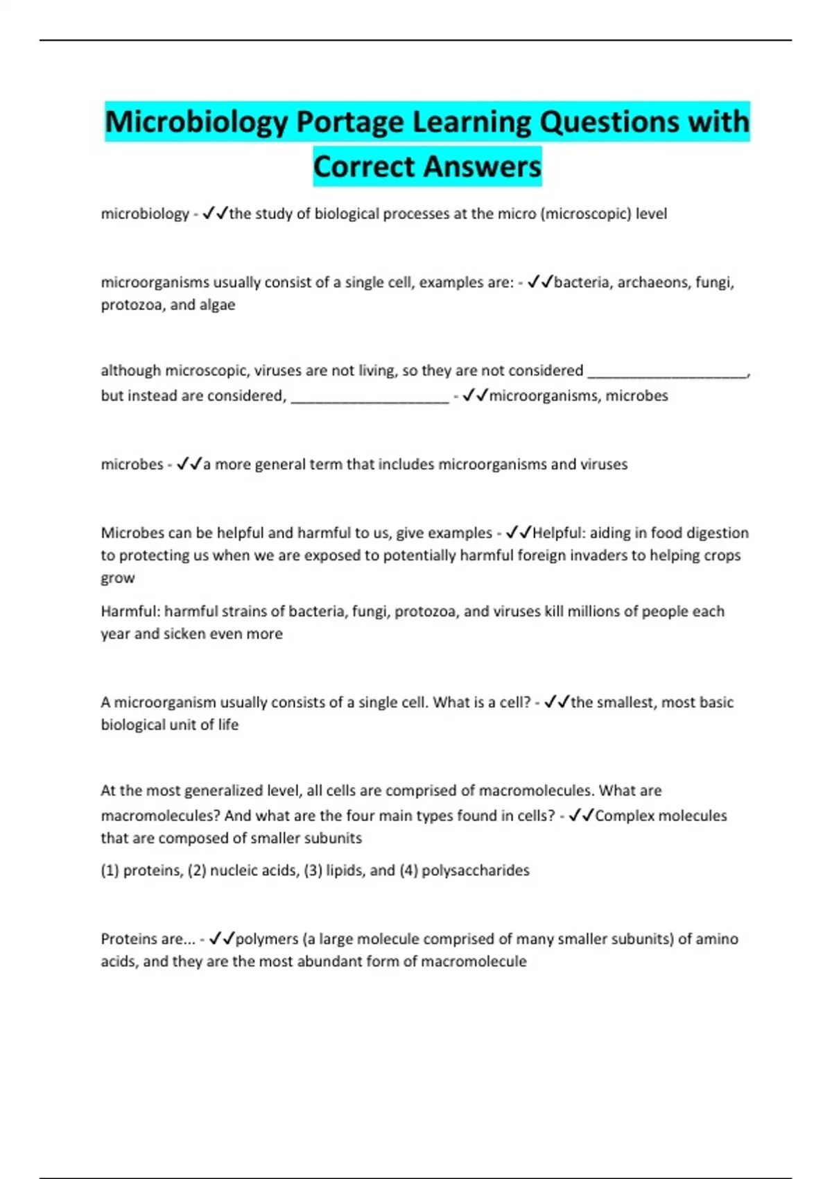 Microbiology Portage Learning Questions with Correct Answers - Portage ...
