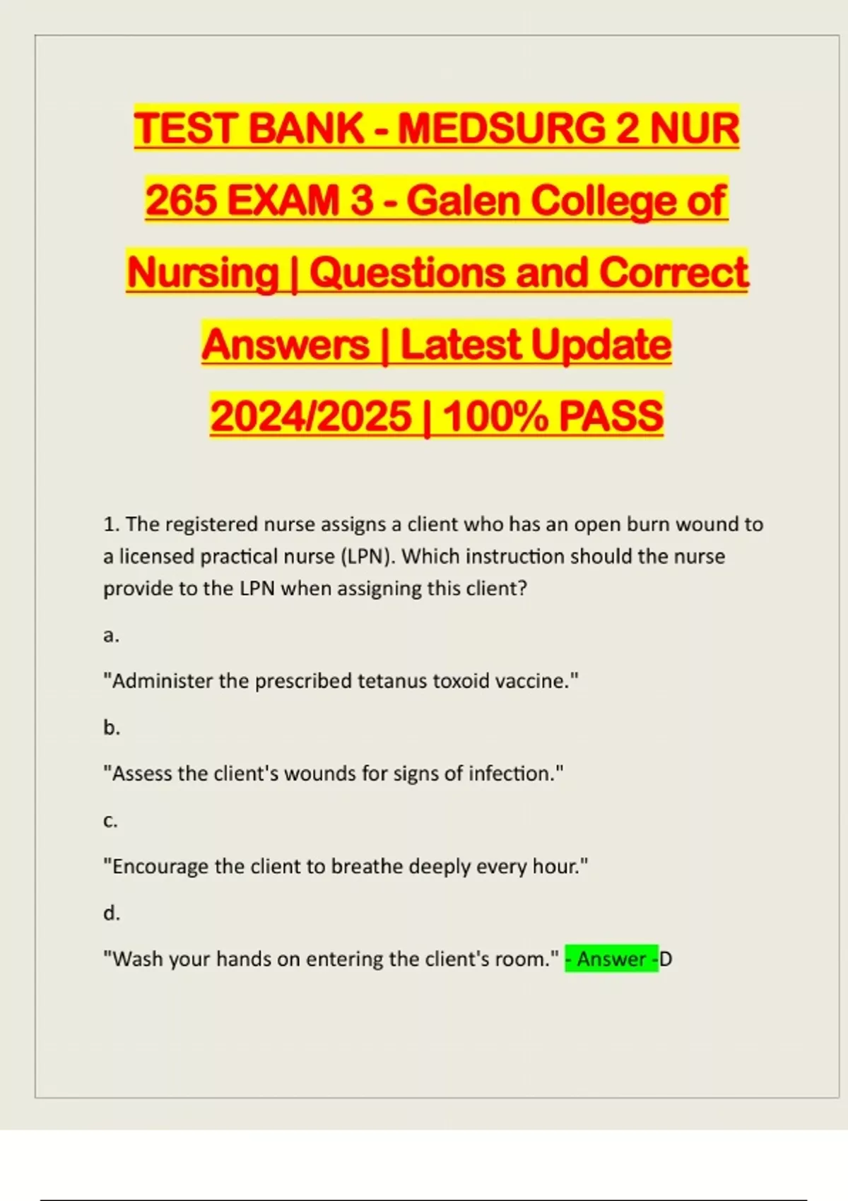 TEST BANK - MEDSURG 2 NUR 265 EXAM 3 - Galen College of Nursing ...