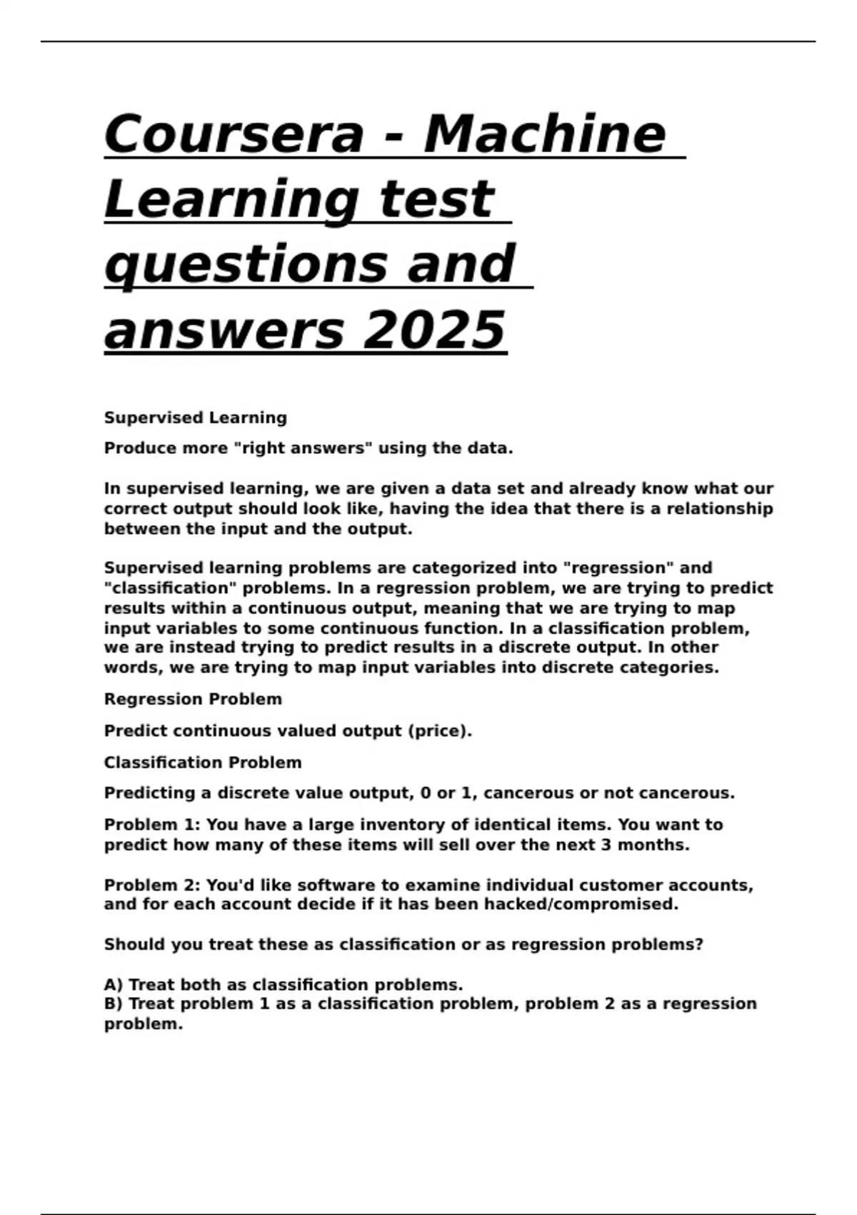 Coursera - Machine Learning test questions and answers 2025 - Data ...
