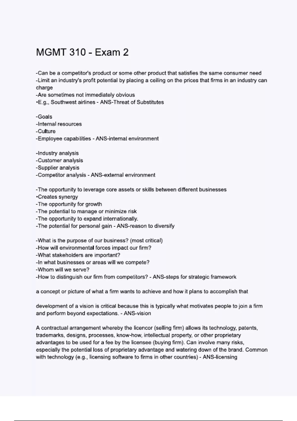 MGMT 310 - Exam 2. exam questions with correct answers with complete A ...