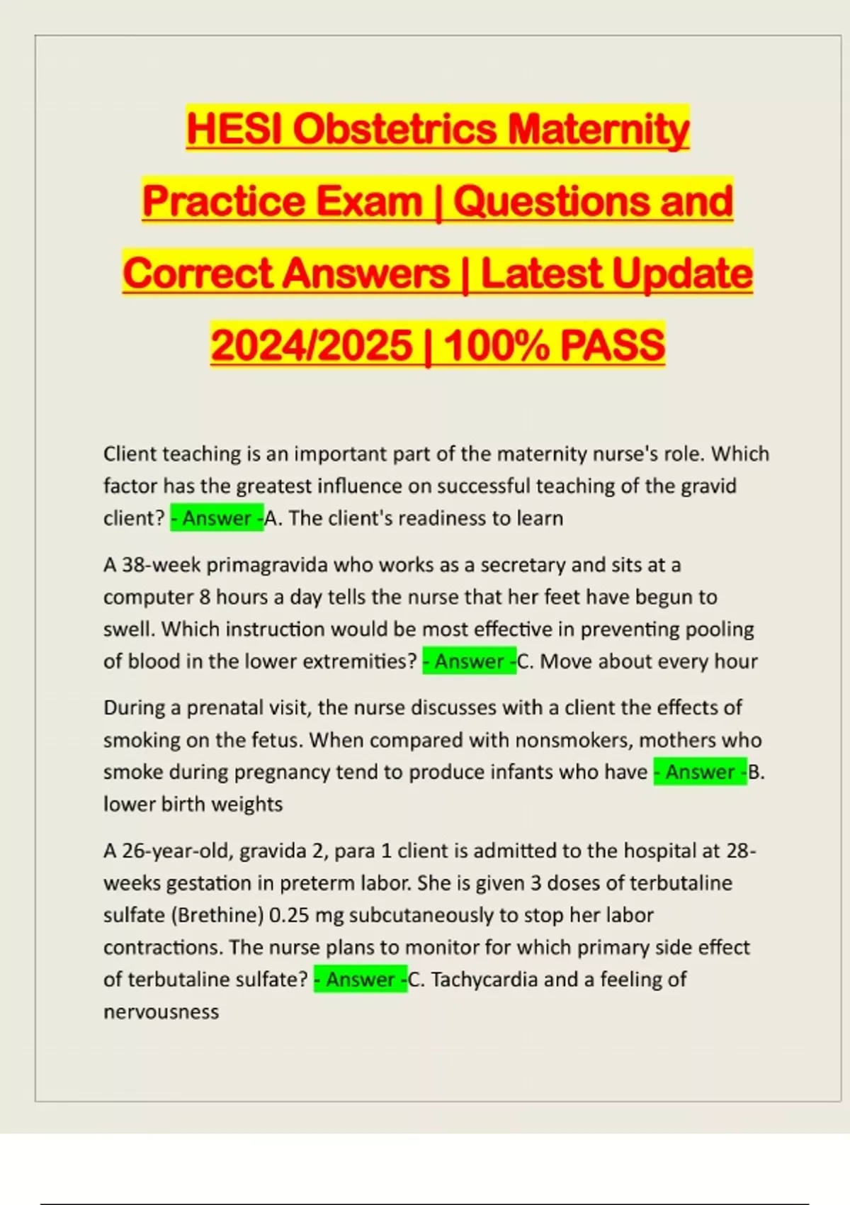 HESI Obstetrics Maternity Practice Exam | Questions and Correct Answers ...