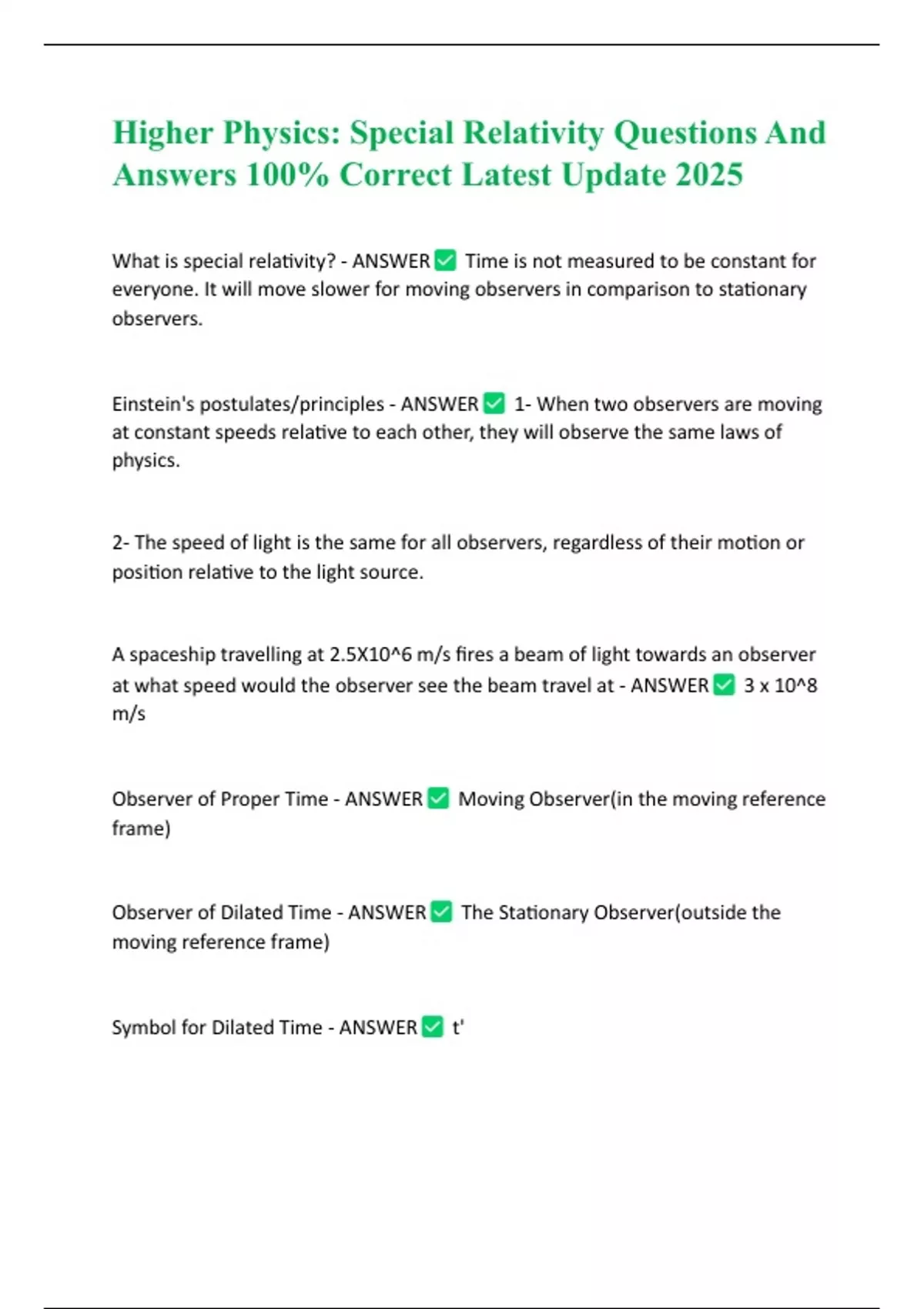 Higher Physics: Special Relativity Questions And Answers 100% Correct ...