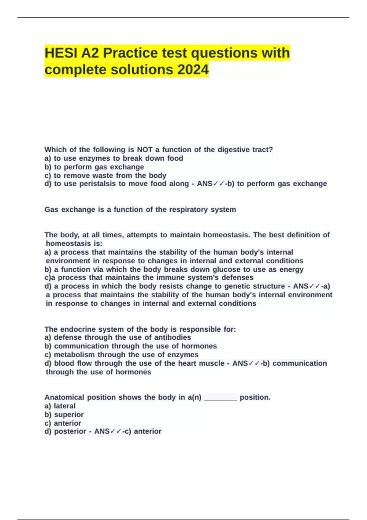 HESI A2 Practice test questions with complete solutions 2024 - Hesi A2 ...