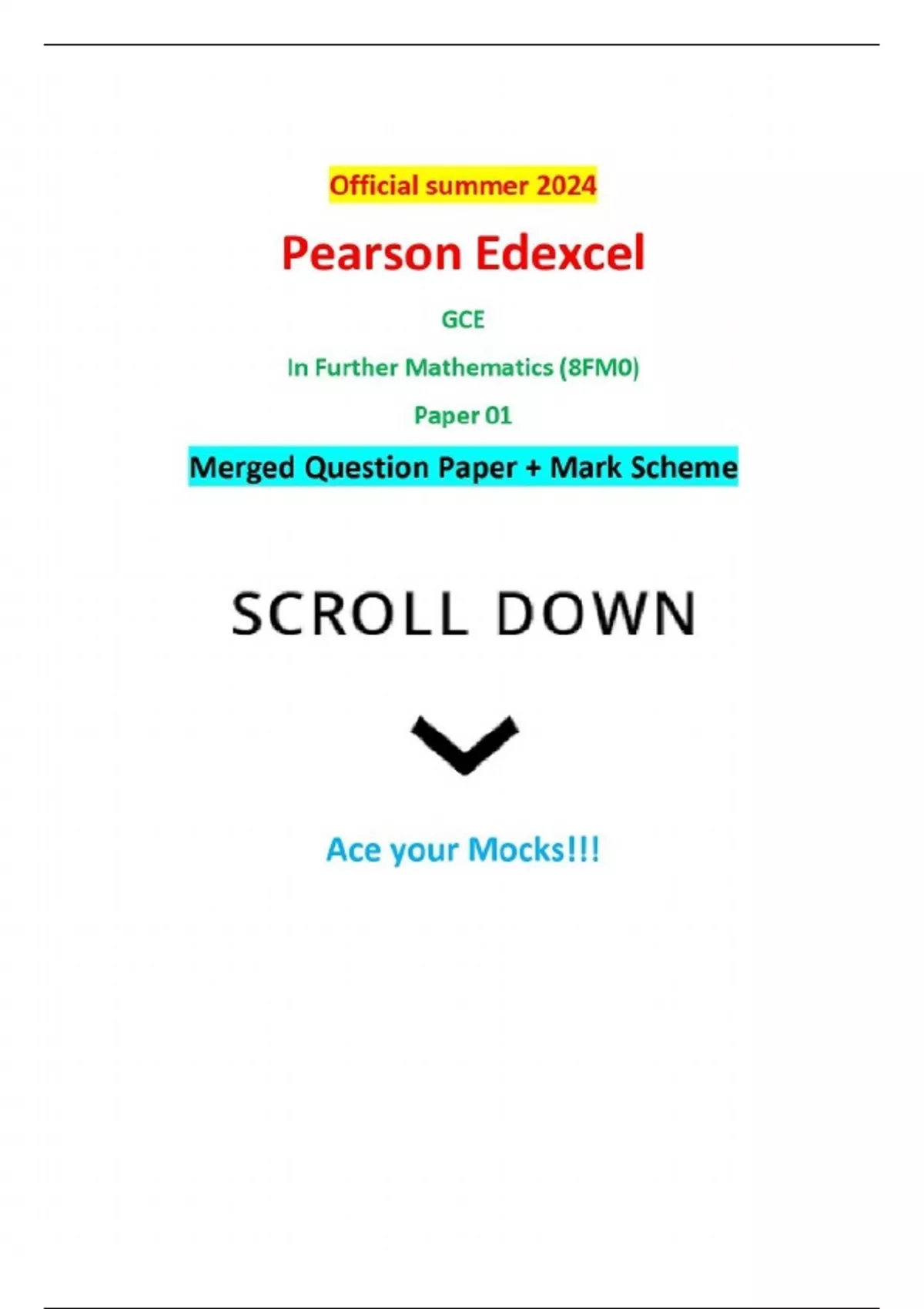 Official summer 2024 Pearson Edexcel GCE In Further Mathematics (8FM0 ...