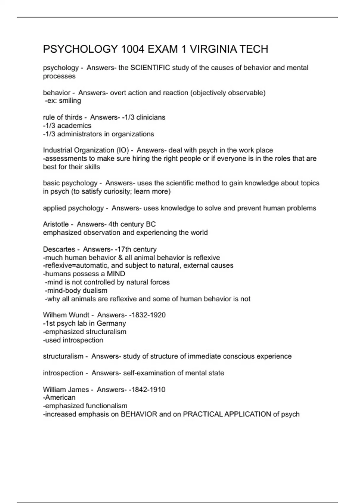 PSYCHOLOGY 1004 EXAM 1 VIRGINIA TECH - PSYC 1004 - Stuvia US