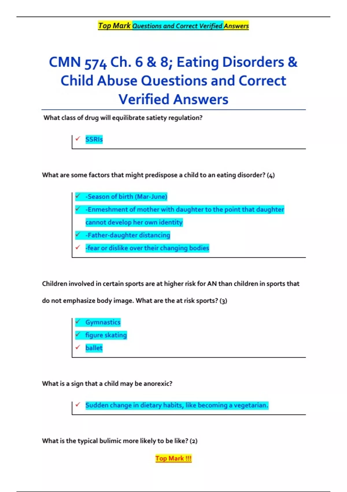 CMN 574 Ch. 6 & 8; Eating Disorders & Child Abuse Questions and Correct ...