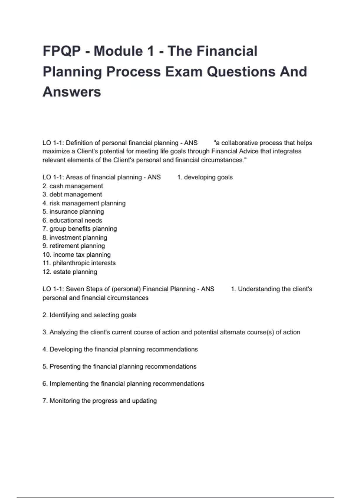 FPQP - Module 1 - The Financial Planning Process Exam Questions And ...