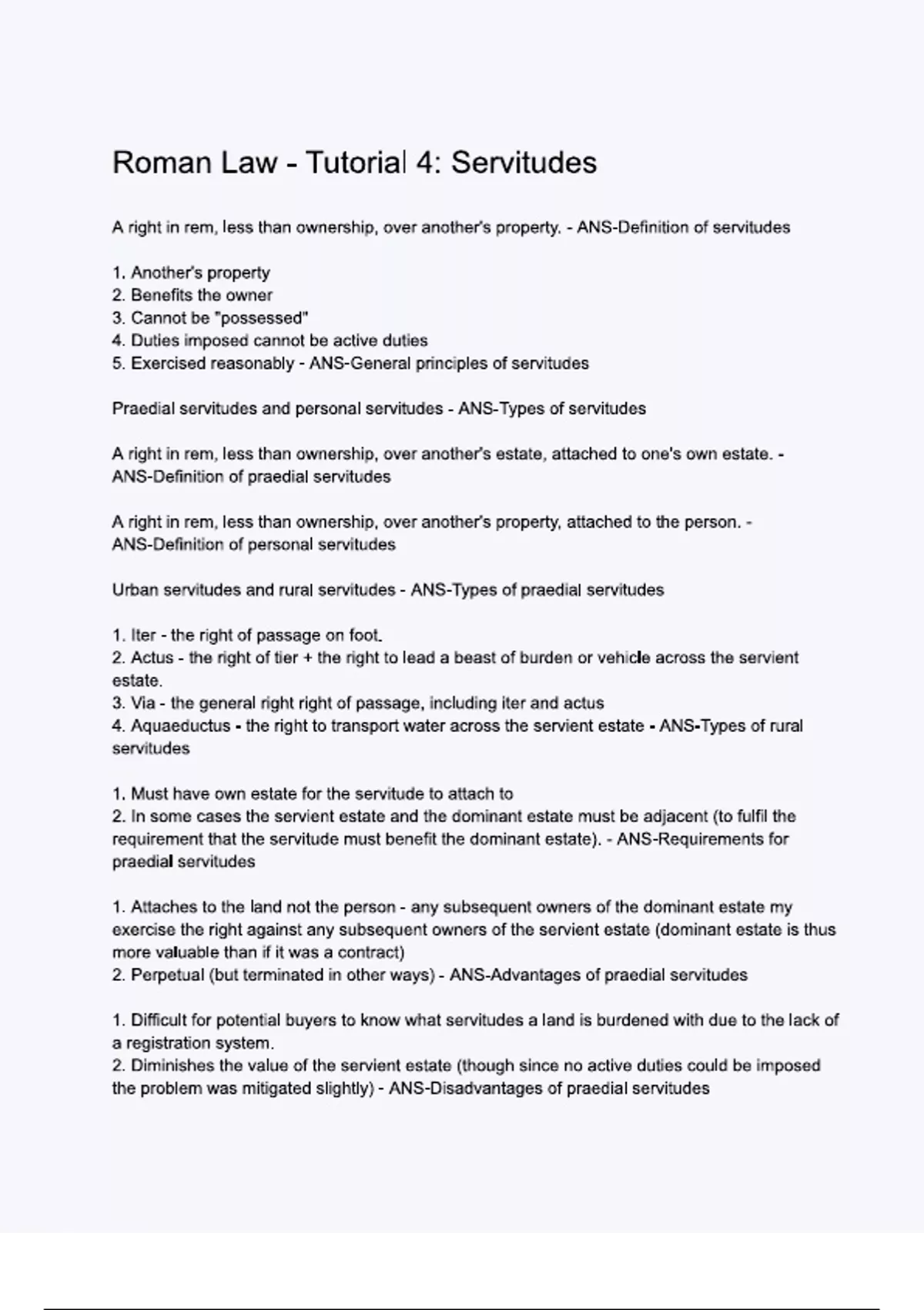 Roman Law - Tutorial 4 Servitudes exam questions with correct answers ...