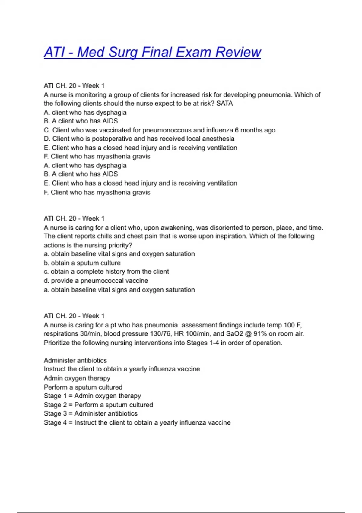 ATI - Med Surg Final Exam Review 2024/2025 Questions With Completed ...