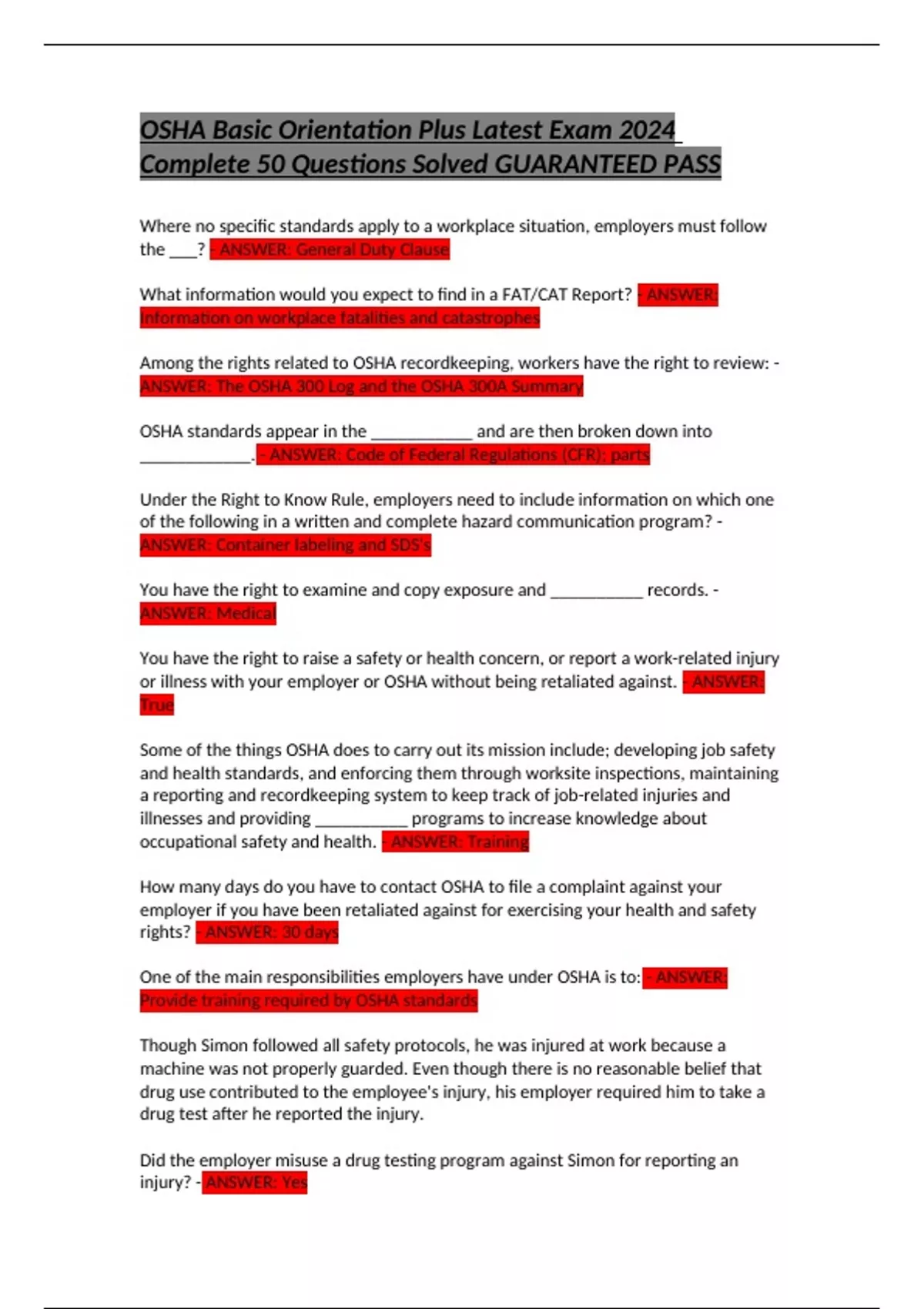 OSHA Basic Orientation Plus Latest Exam 2024 Complete 50 Questions ...