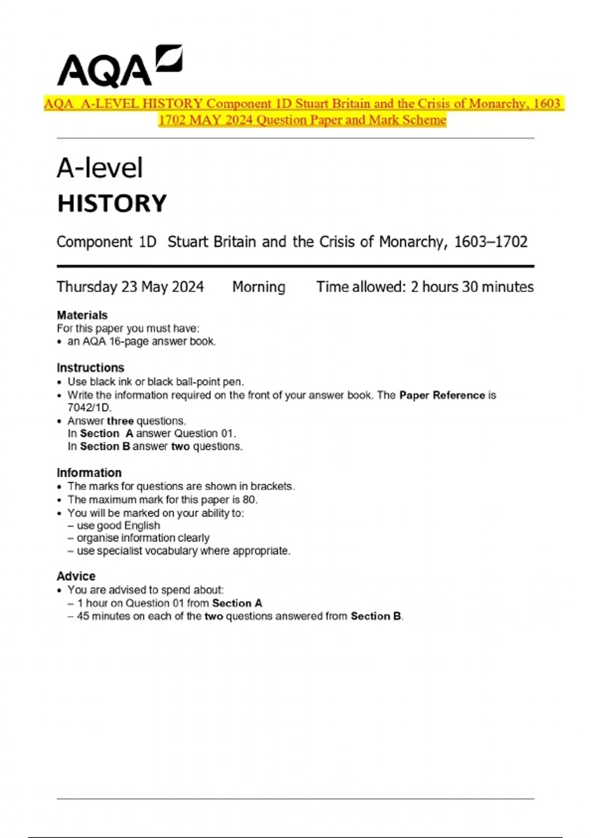 BUNDLE::: AQA A-level HISTORY 2024 Question Paper and Mark Scheme ...