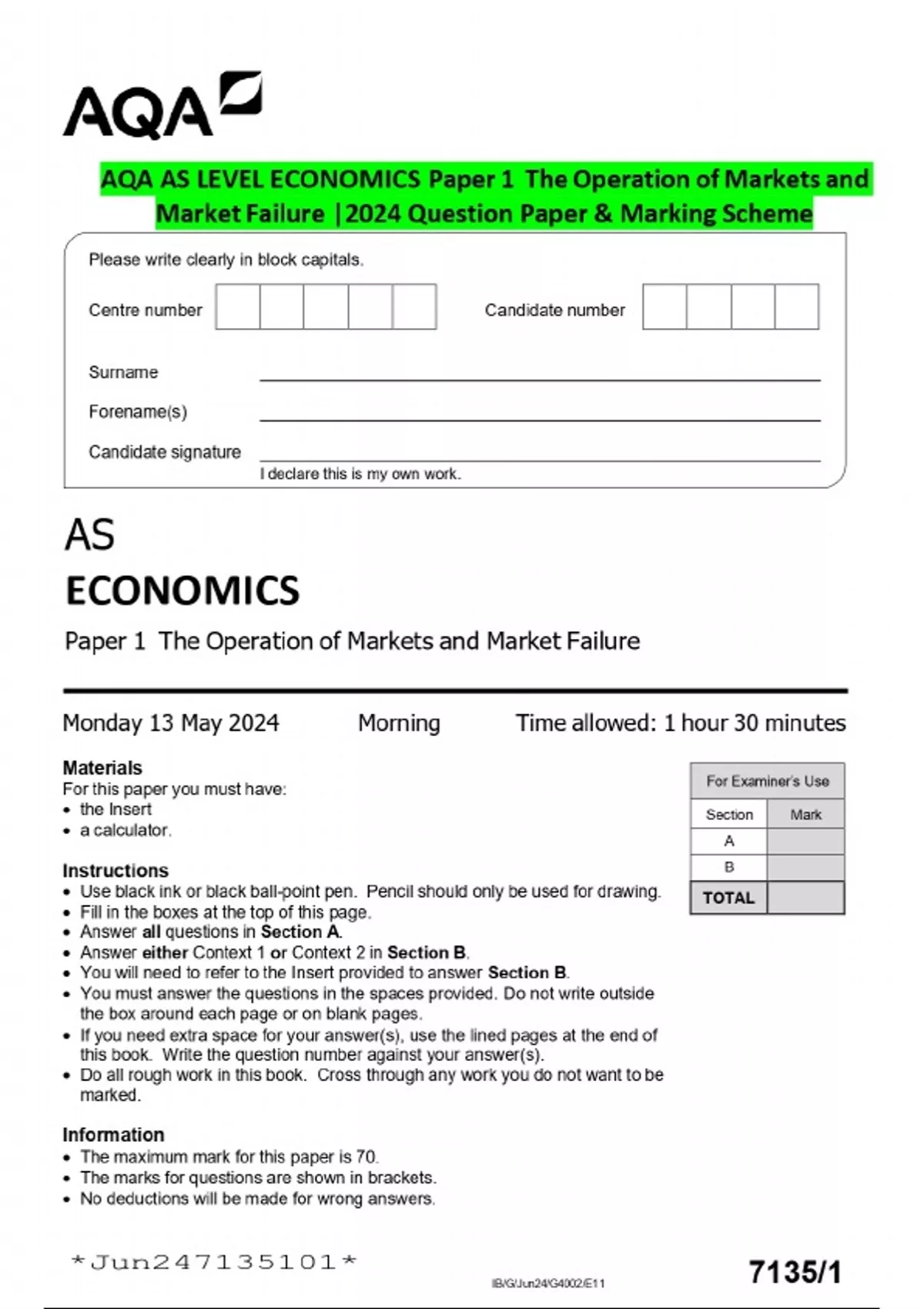 AQA AS LEVEL ECONOMICS Paper 1 The Operation of Markets and Market ...