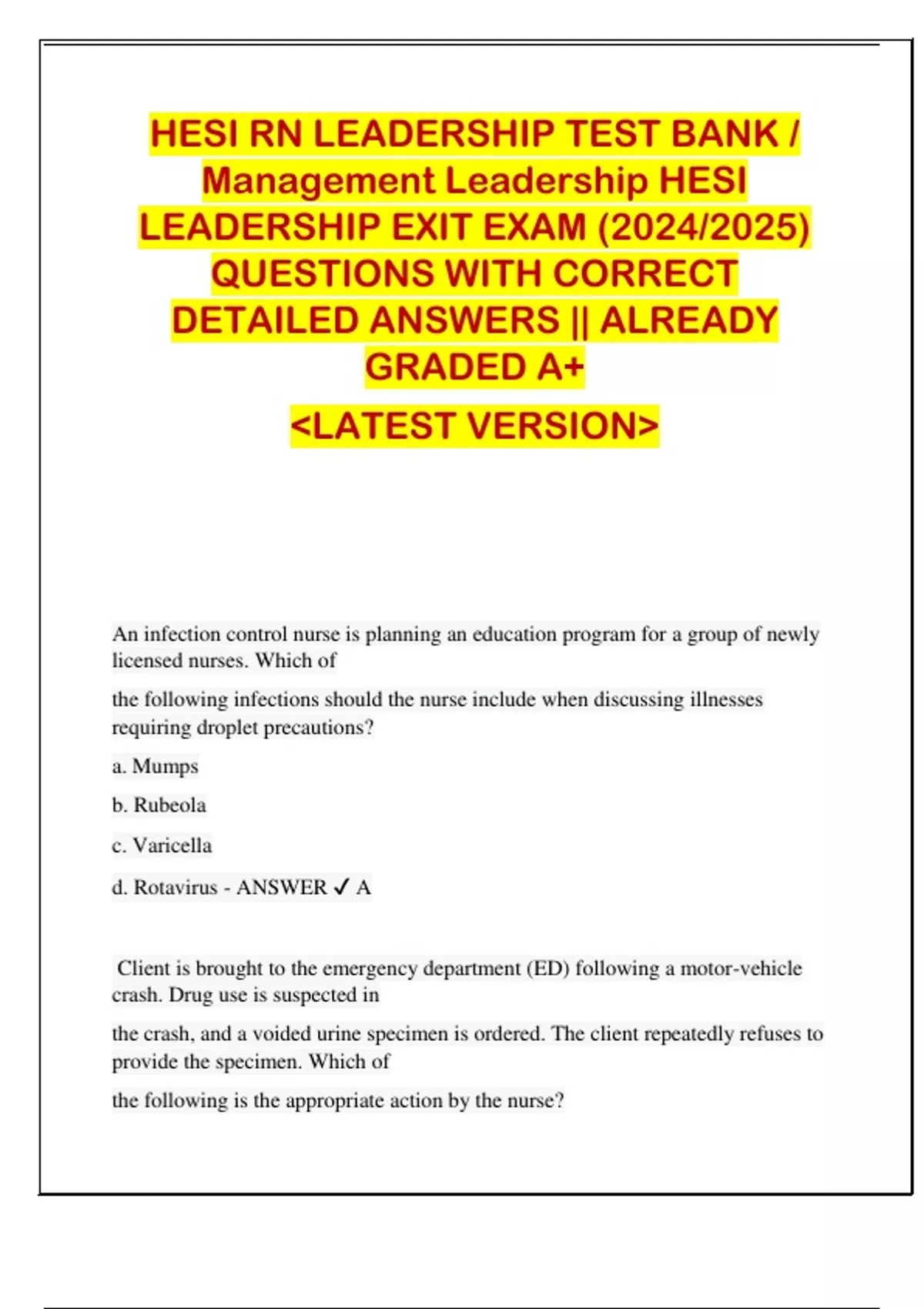 HESI RN LEADERSHIP TEST BANK / Management Leadership HESI LEADERSHIP ...