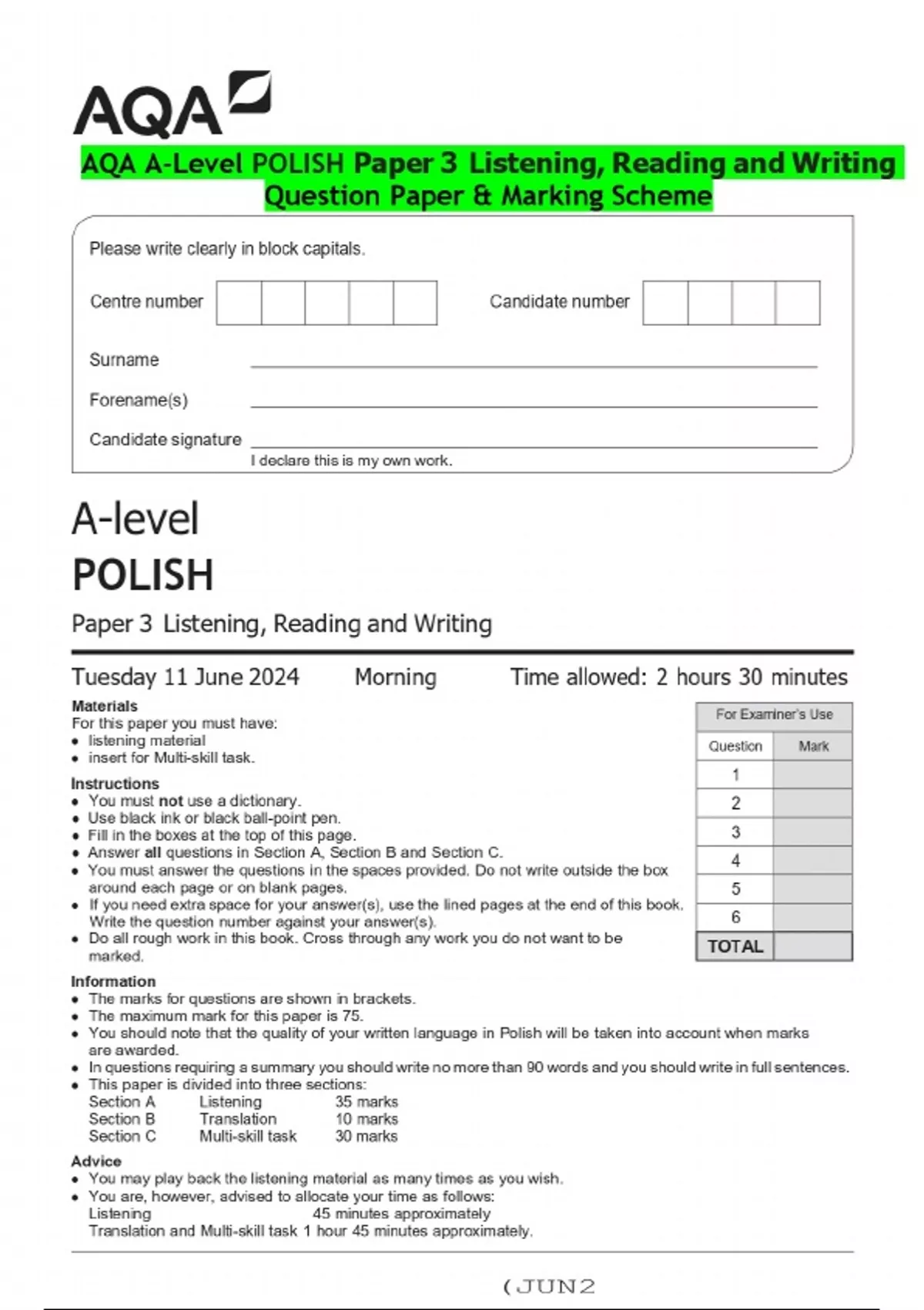AQA A-Level POLISH Paper 3 Listening, Reading and Writing Question ...