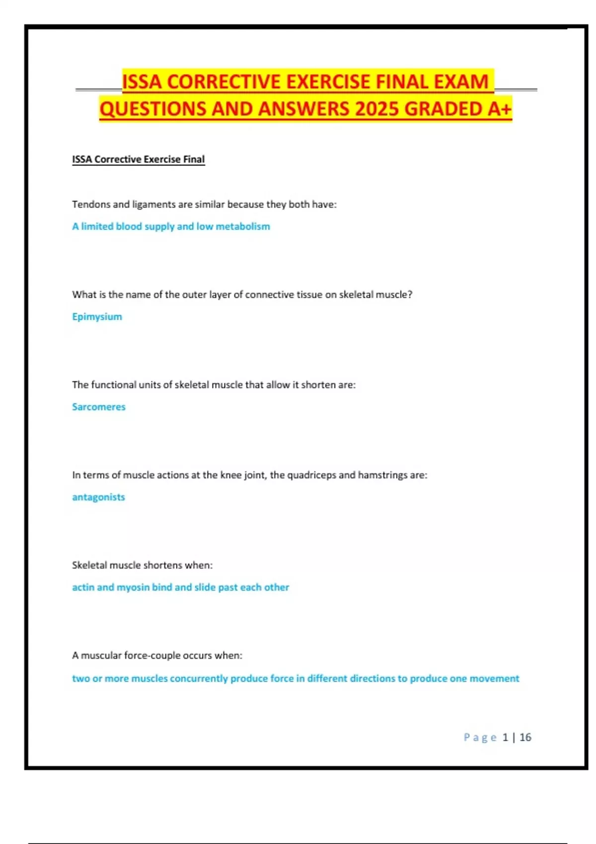 ISSA CORRECTIVE EXERCISE FINAL EXAM QUESTIONS AND ANSWERS 2025 GRADED ...