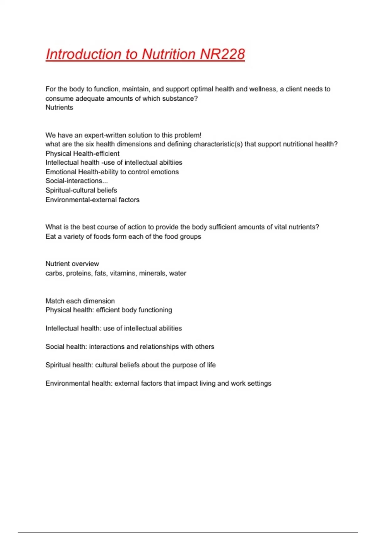Introduction to Nutrition NR228 Exam 2024/2025 Questions With Completed ...