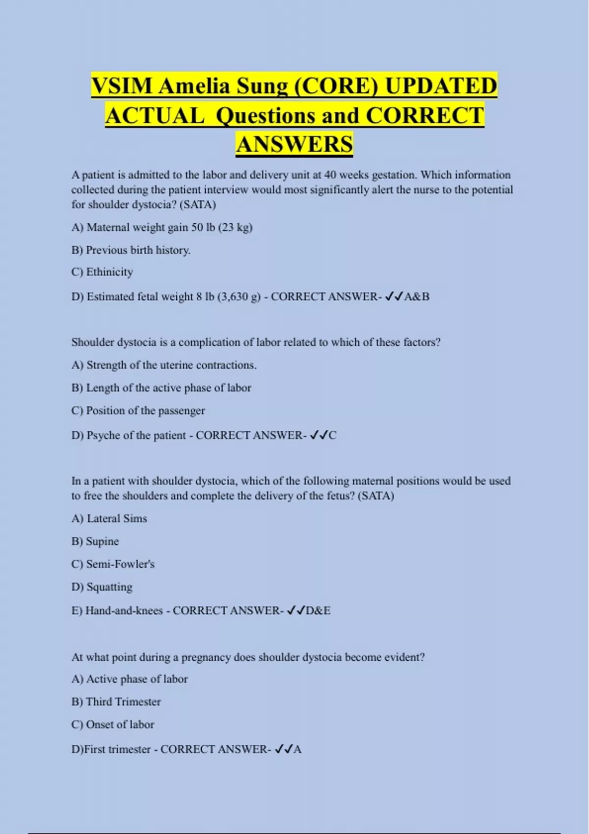 VSIM Amelia Sung (CORE) UPDATED ACTUAL Questions and CORRECT ANSWERS ...