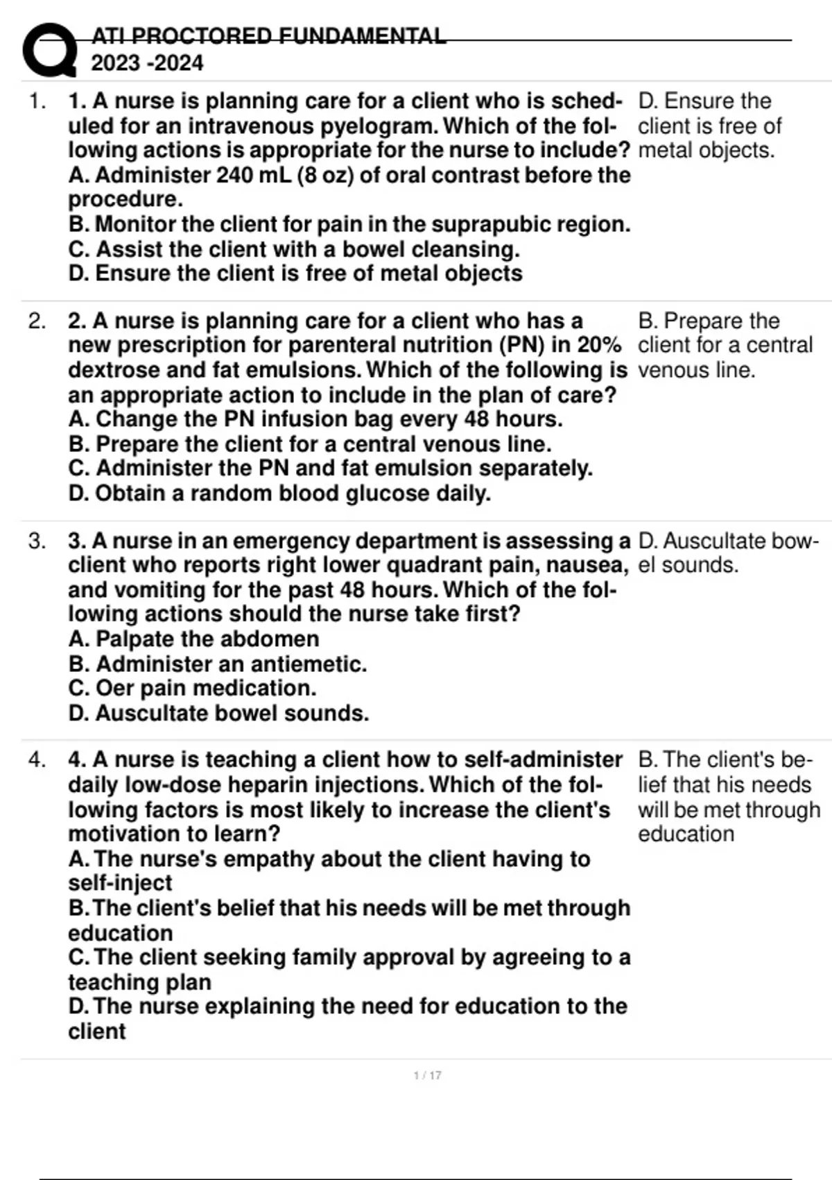 ATI PROCTORED FUNDAMENTAL ACTUAL EXAM QUESTIONS WITH CORRECT VERIFIED ...