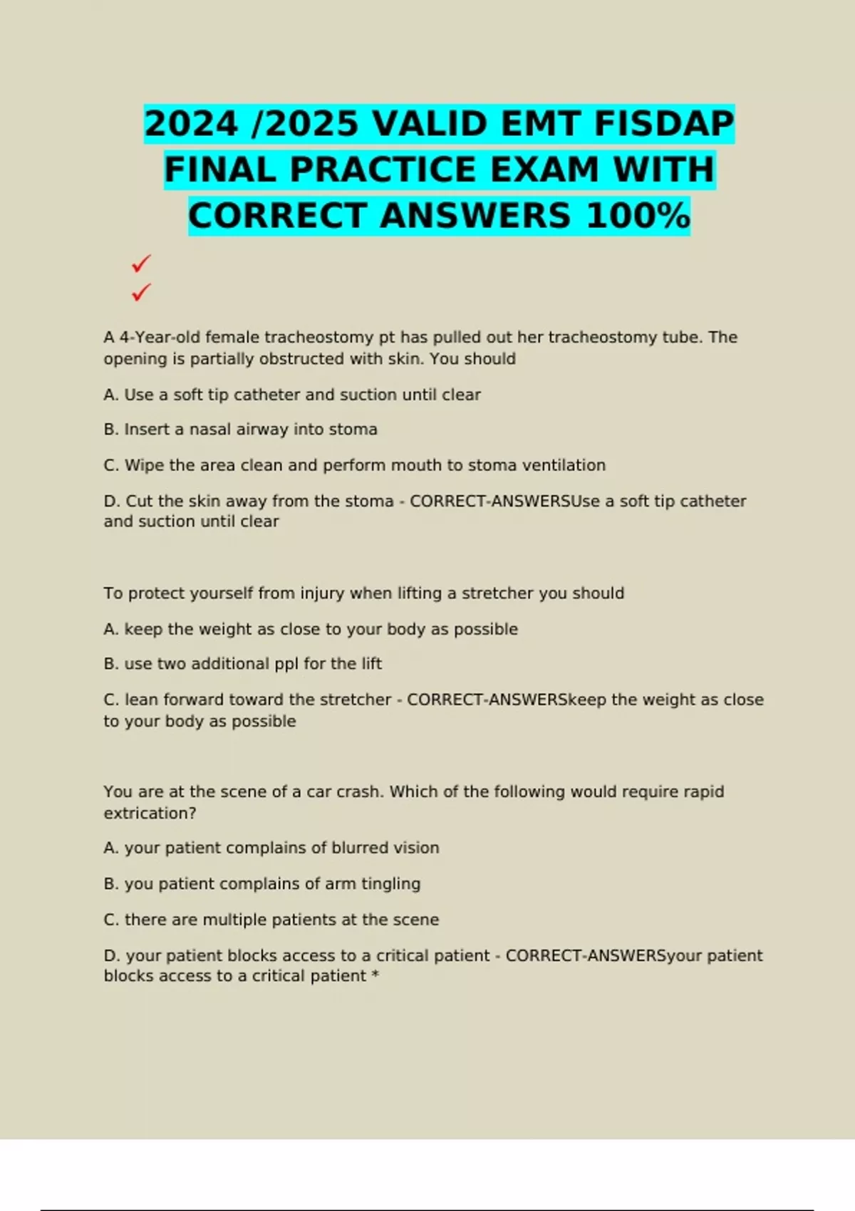 2024 /2025 VALID EMT FISDAP FINAL PRACTICE EXAM WITH CORRECT ANSWERS ...