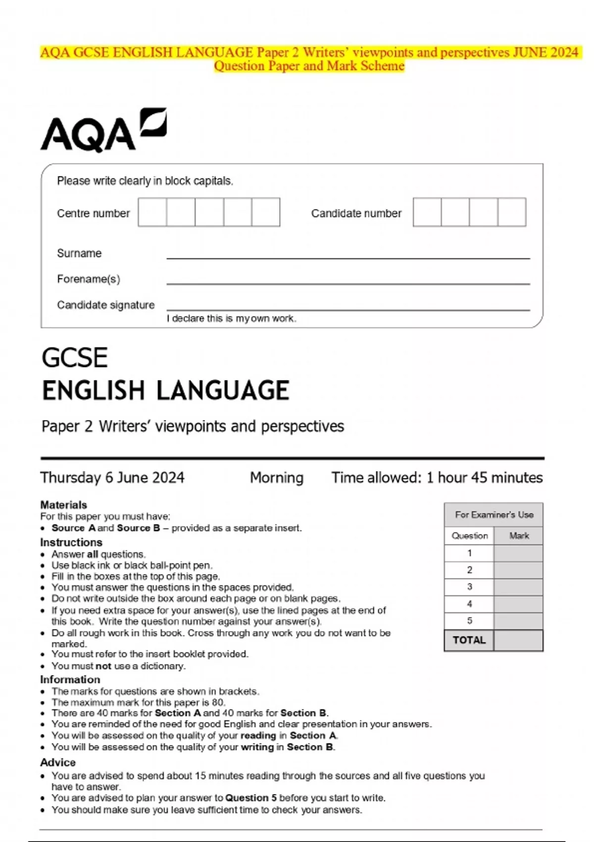 BUNDLE::: AQA GCSE ENGLISH LANGUAGE 2024 Question Paper and Mark Scheme ...