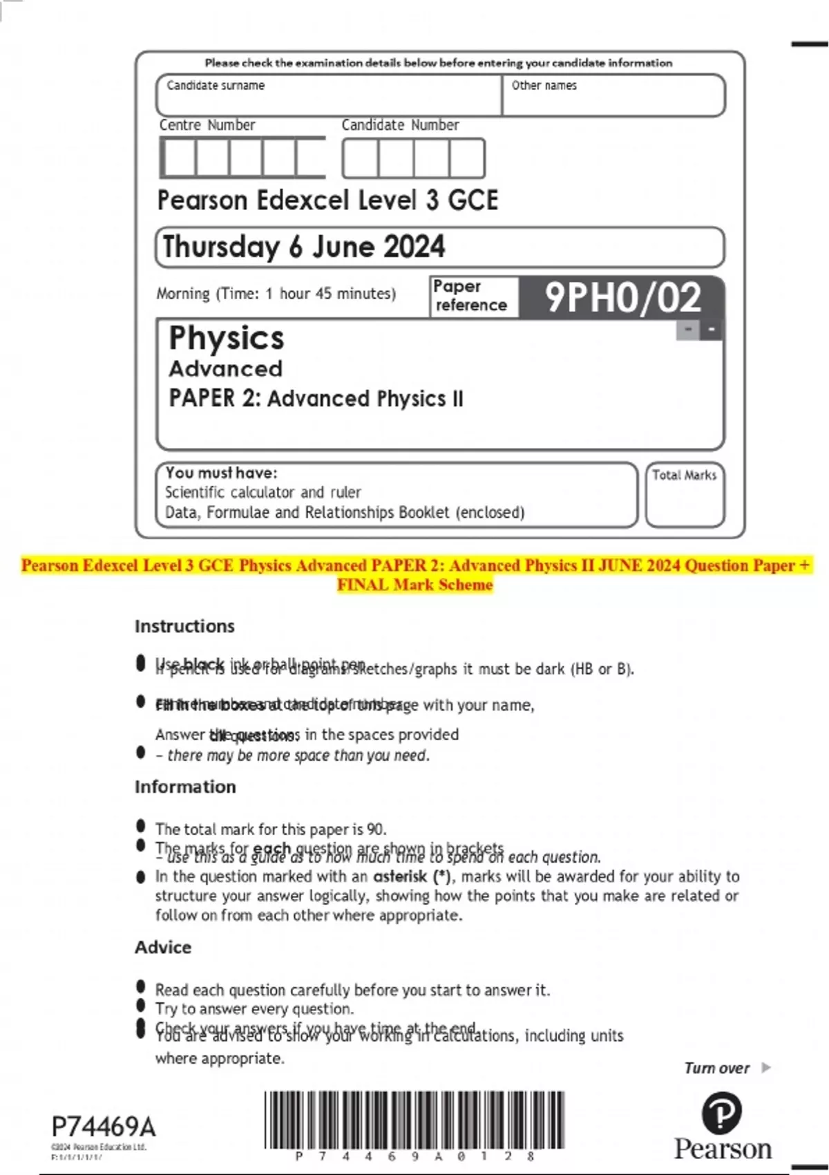 Pearson Edexcel Level 3 GCE Physics Advanced PAPER 2: Advanced Physics ...