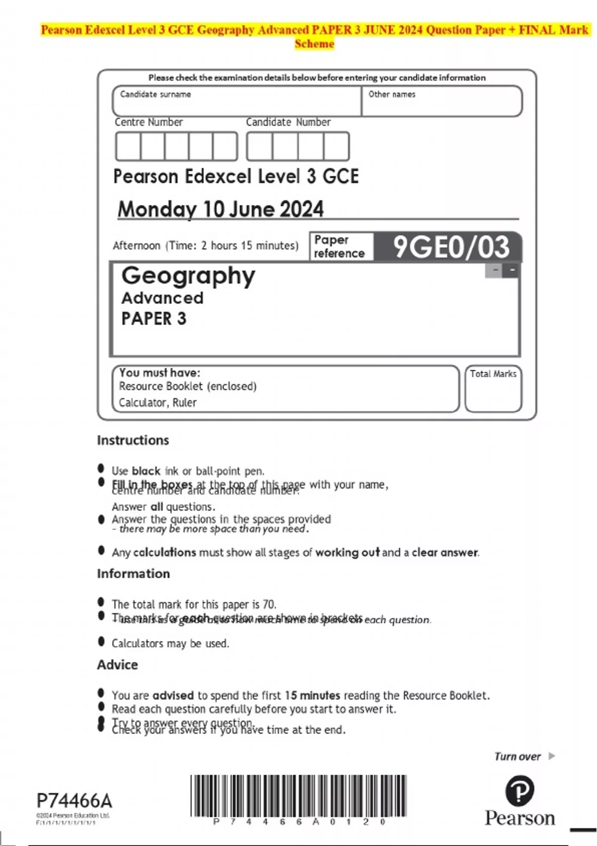 Pearson Edexcel Level 3 GCE Geography Advanced PAPER 3 JUNE 2024 ...