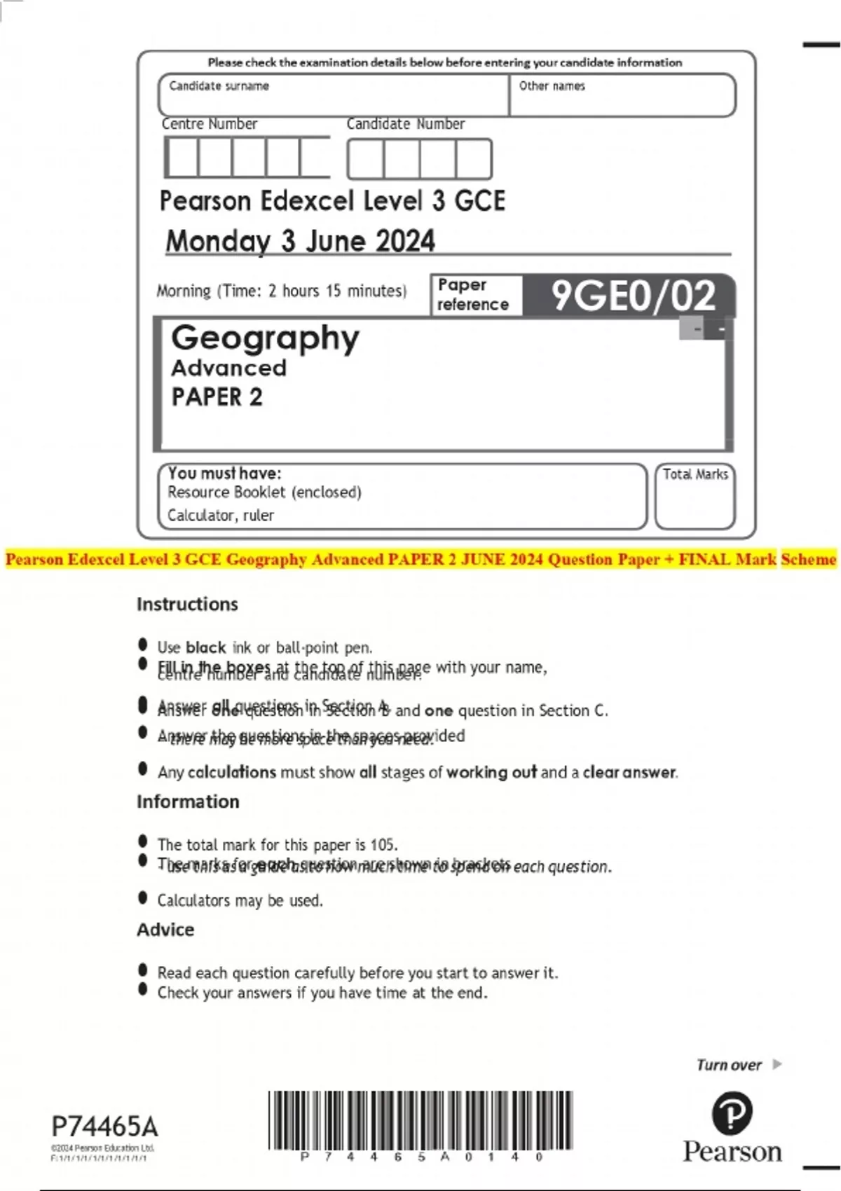 Pearson Edexcel Level 3 GCE Geography Advanced PAPER 2 JUNE 2024 ...