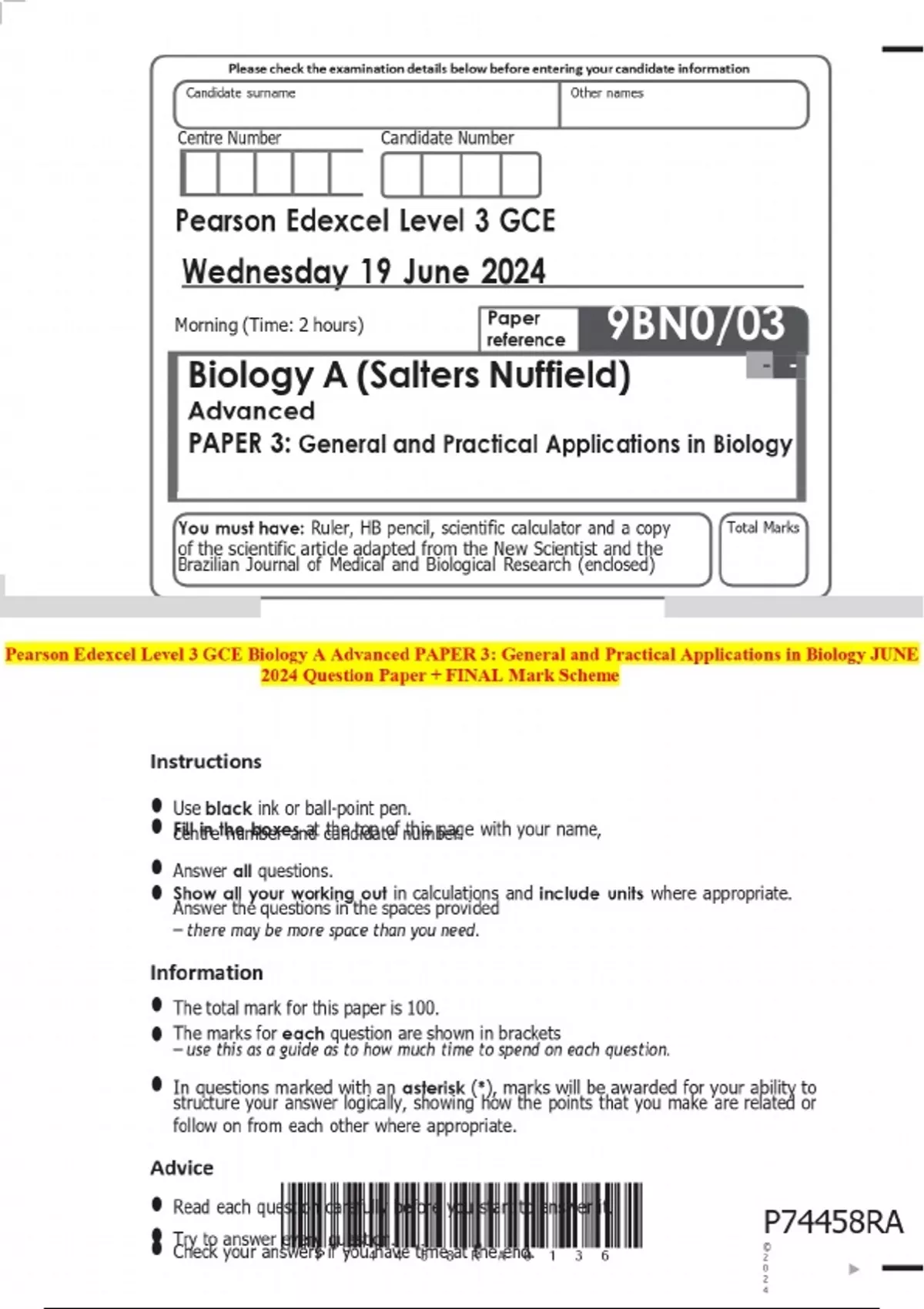 Pearson Edexcel Level 3 GCE Biology A Advanced PAPER 3: General and ...