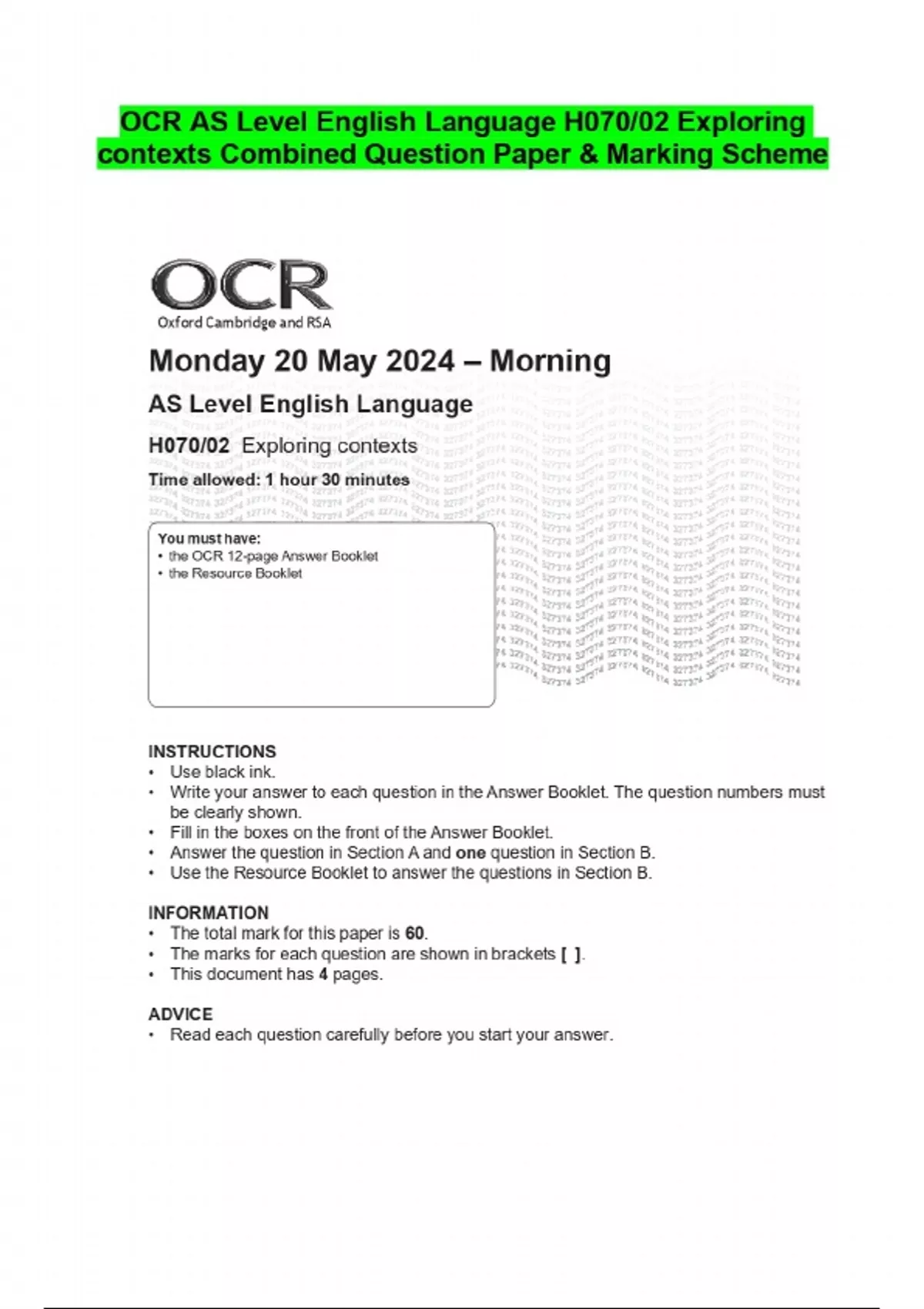 OCR AS Level English Language H070/02 Exploring contexts Combined ...