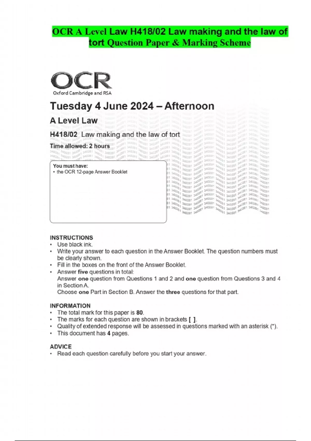 Ocr A Level Law H418 02 Law Making And The Law Of Tort Question Paper