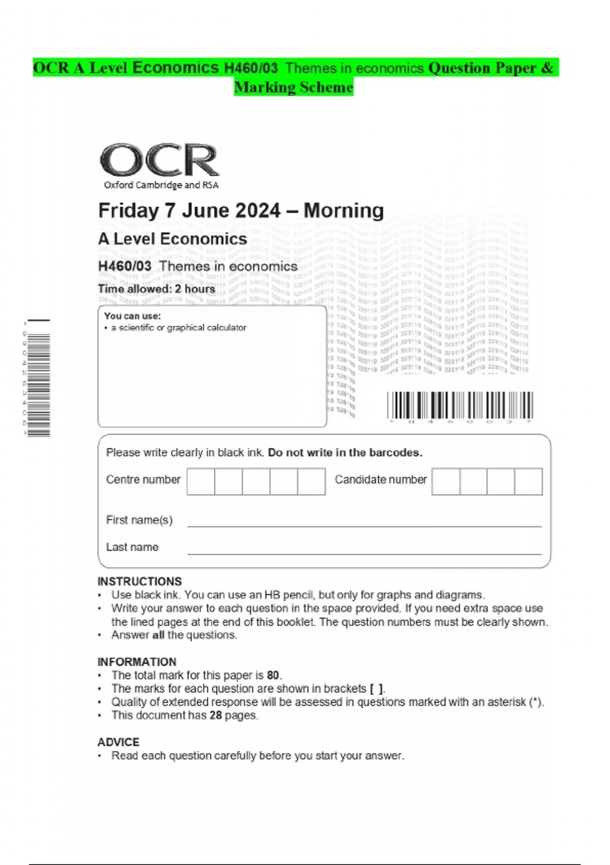 OCR A Level Economics H460/03 Themes in economics Question Paper ...