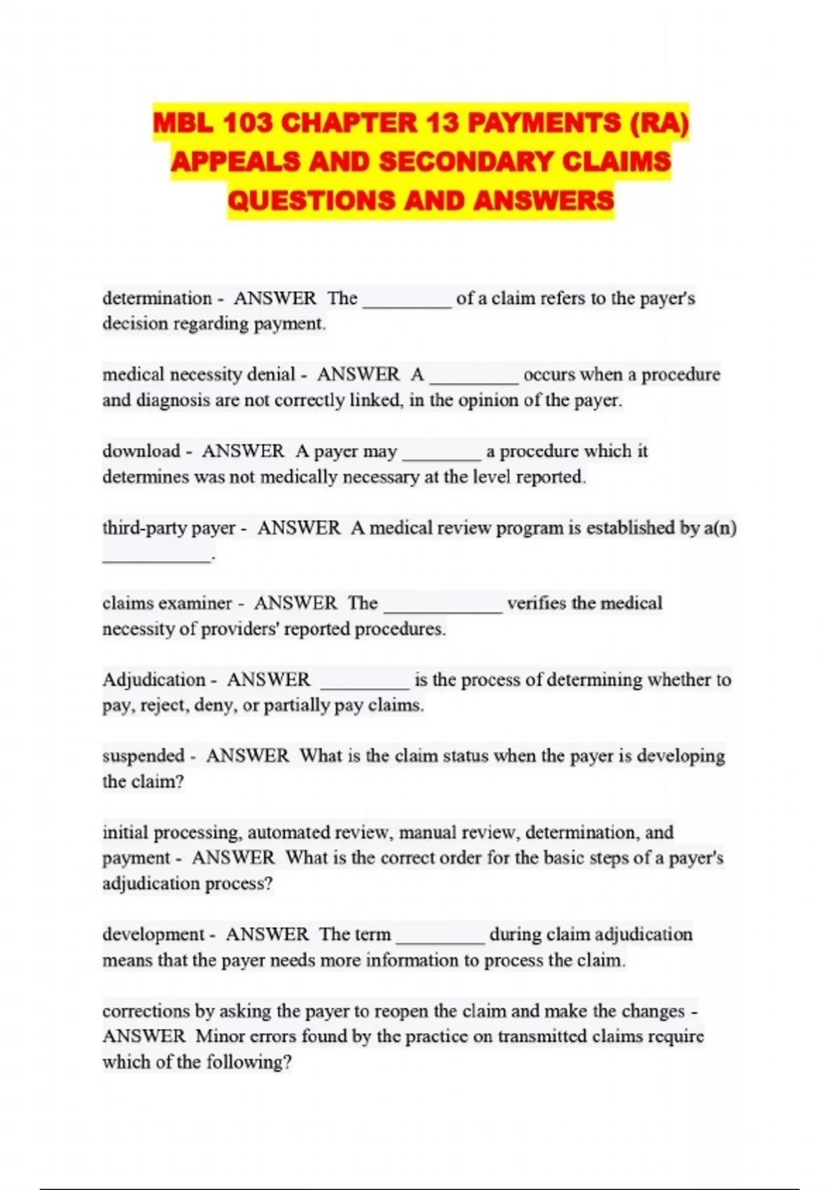 MBL 103 CHAPTER 13 PAYMENTS (RA) APPEALS AND SECONDARY CLAIMS QUESTIONS