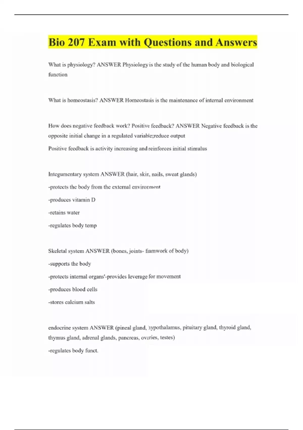 Bio 207 Exam with Questions and Answers - Bio 207 - Stuvia US