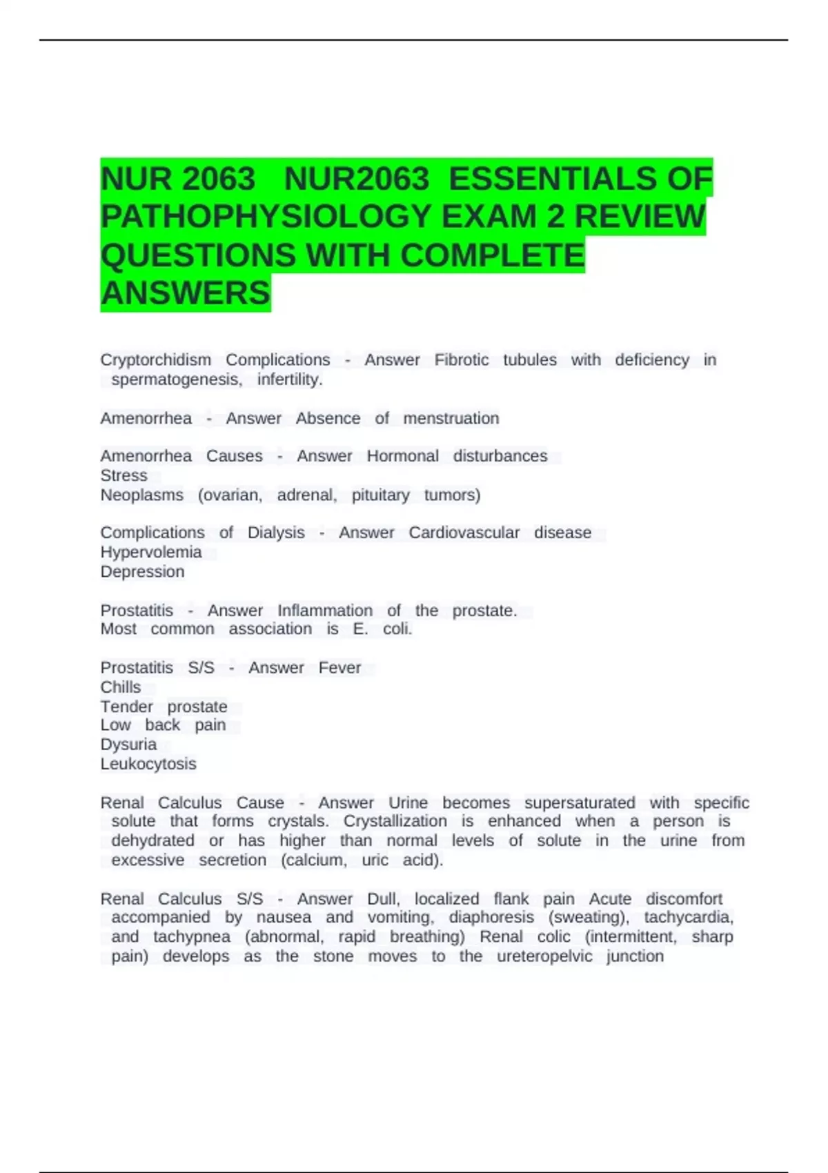 NUR 2063 NUR2063 ESSENTIALS OF PATHOPHYSIOLOGY EXAM 2 REVIEW QUESTIONS WITH COMPLETE ANSWERS ...