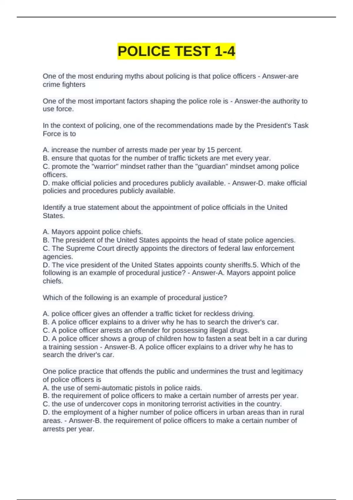 Police Memory Test Practice POLICE TEST 1-4 EXAM QUESTIONS AND ANSWERS - POLICE 1-4 - Stuvia US