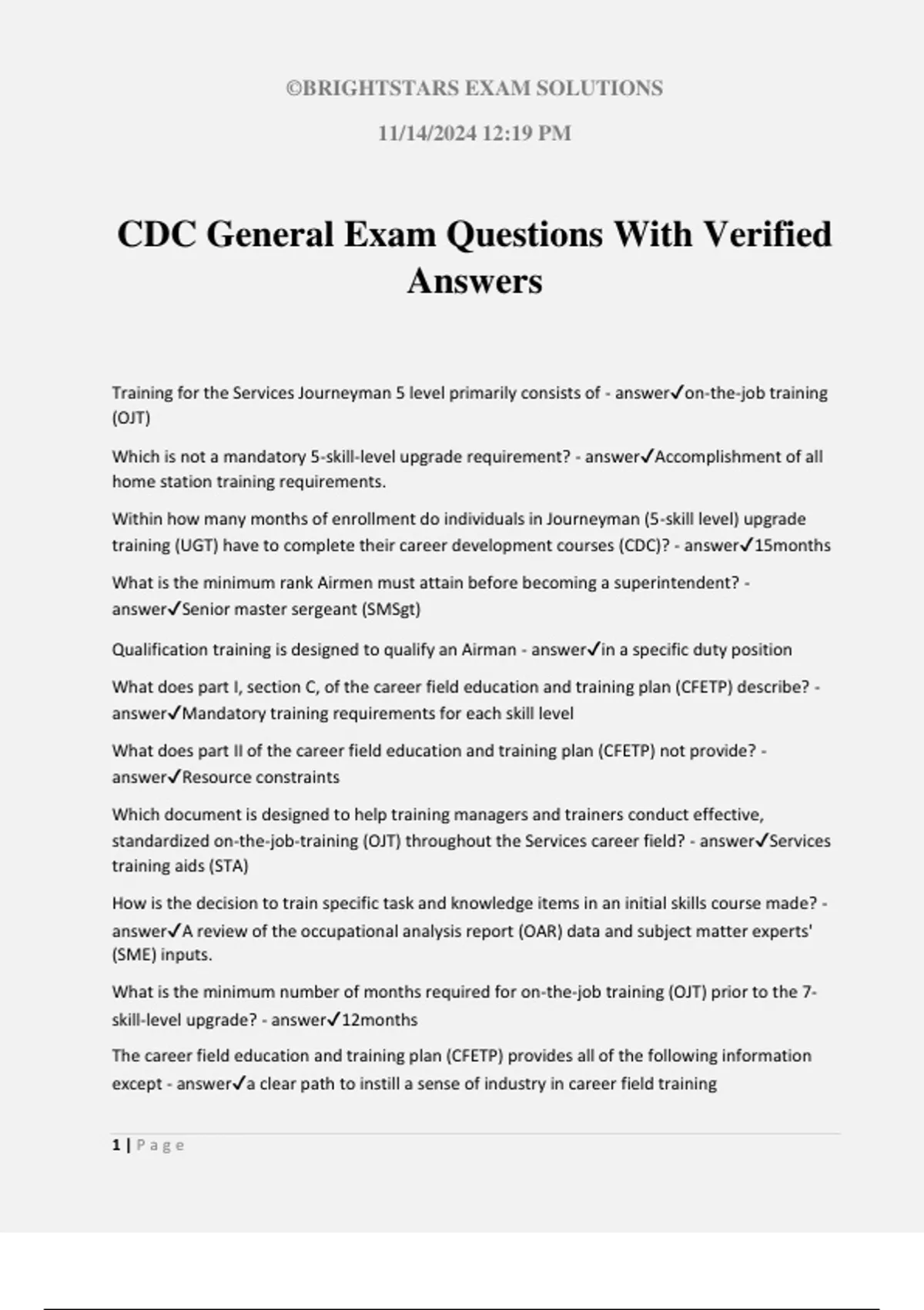 Cdc's Sample Questions CDC General Exam Questions With Verified Answers - CDC - Stuvia US