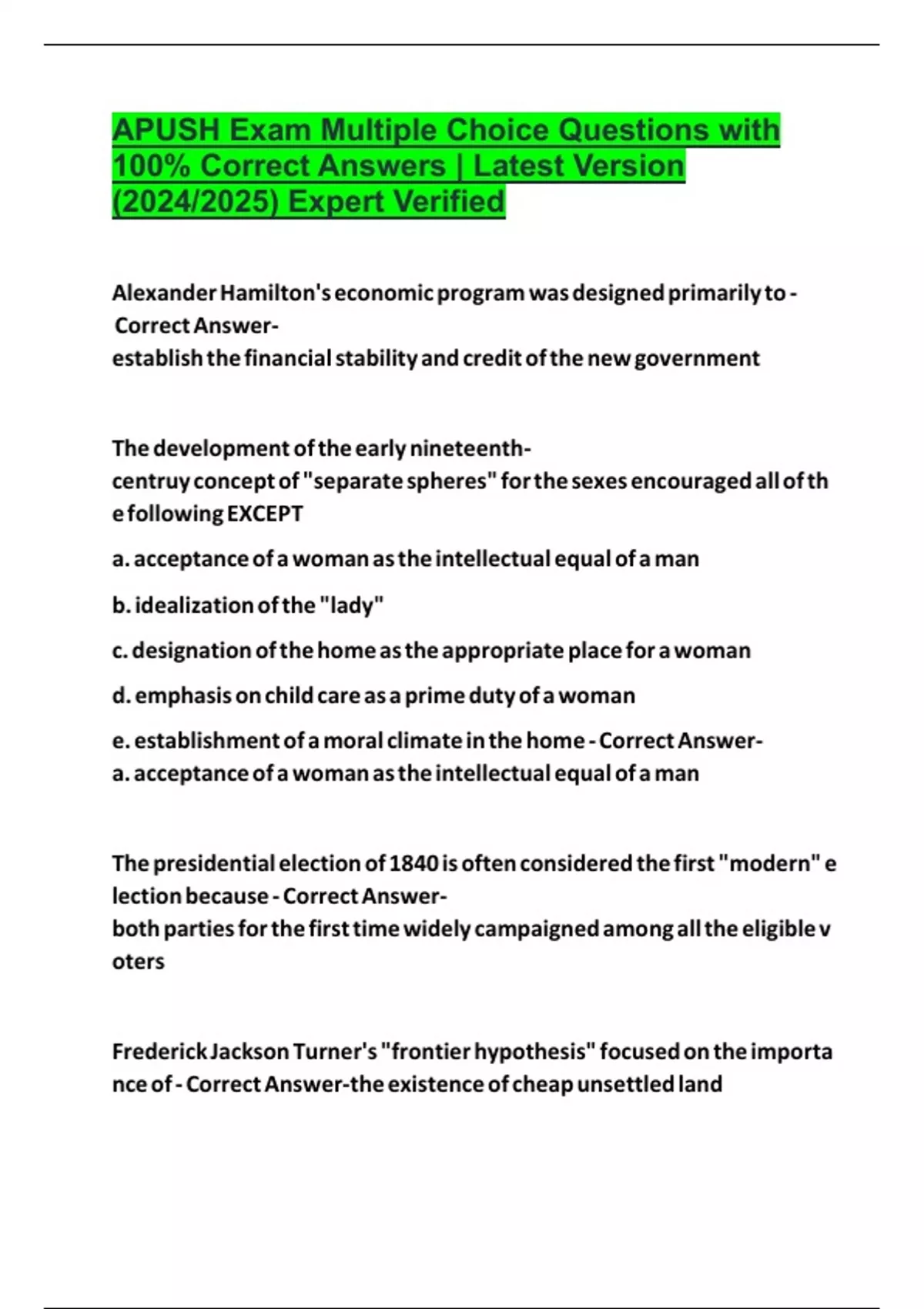 APUSH Exam Multiple Choice Questions with 100% Correct Answers | Latest ...