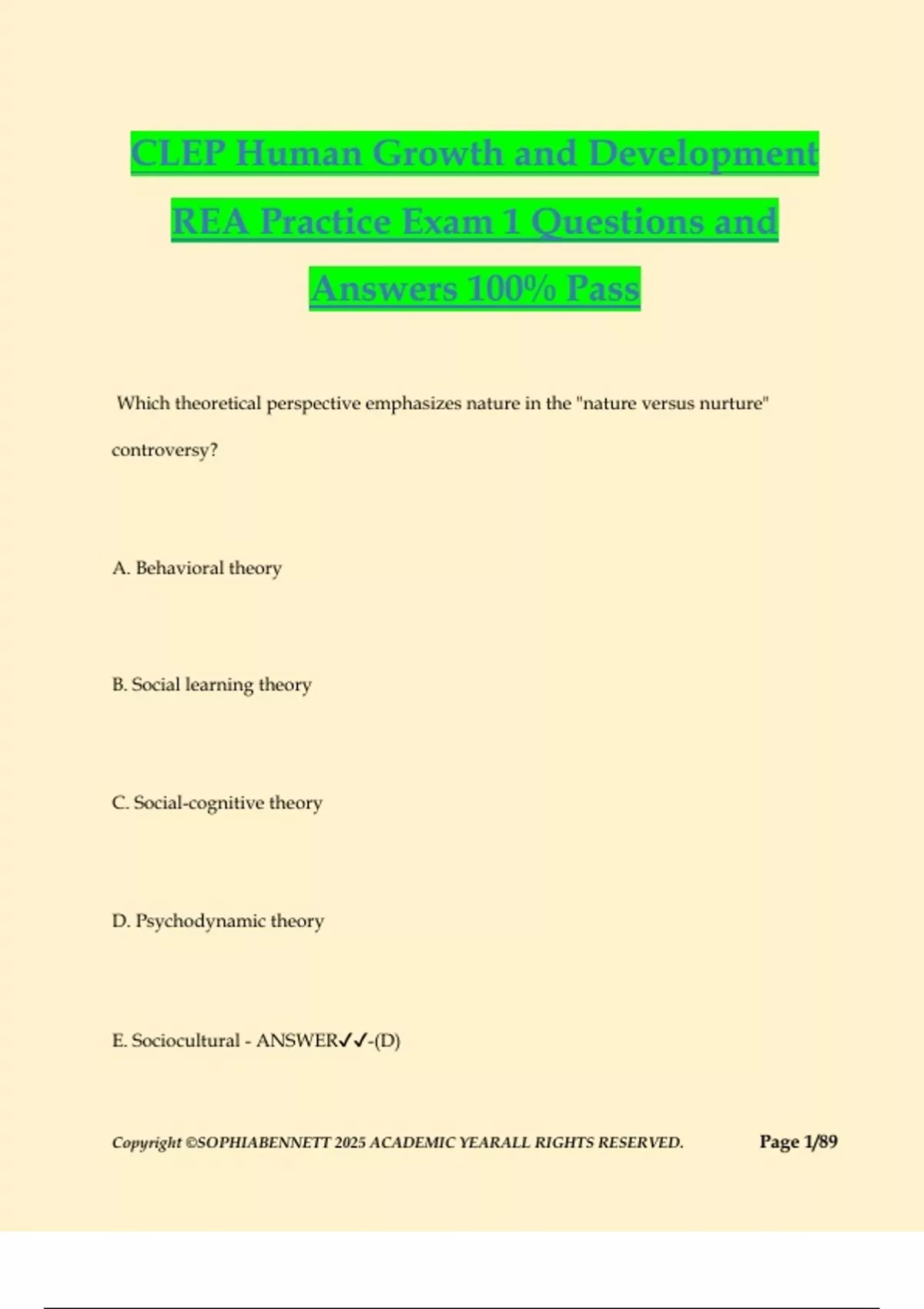 CLEP Human Growth and Development REA Practice Exam 1 Questions and ...