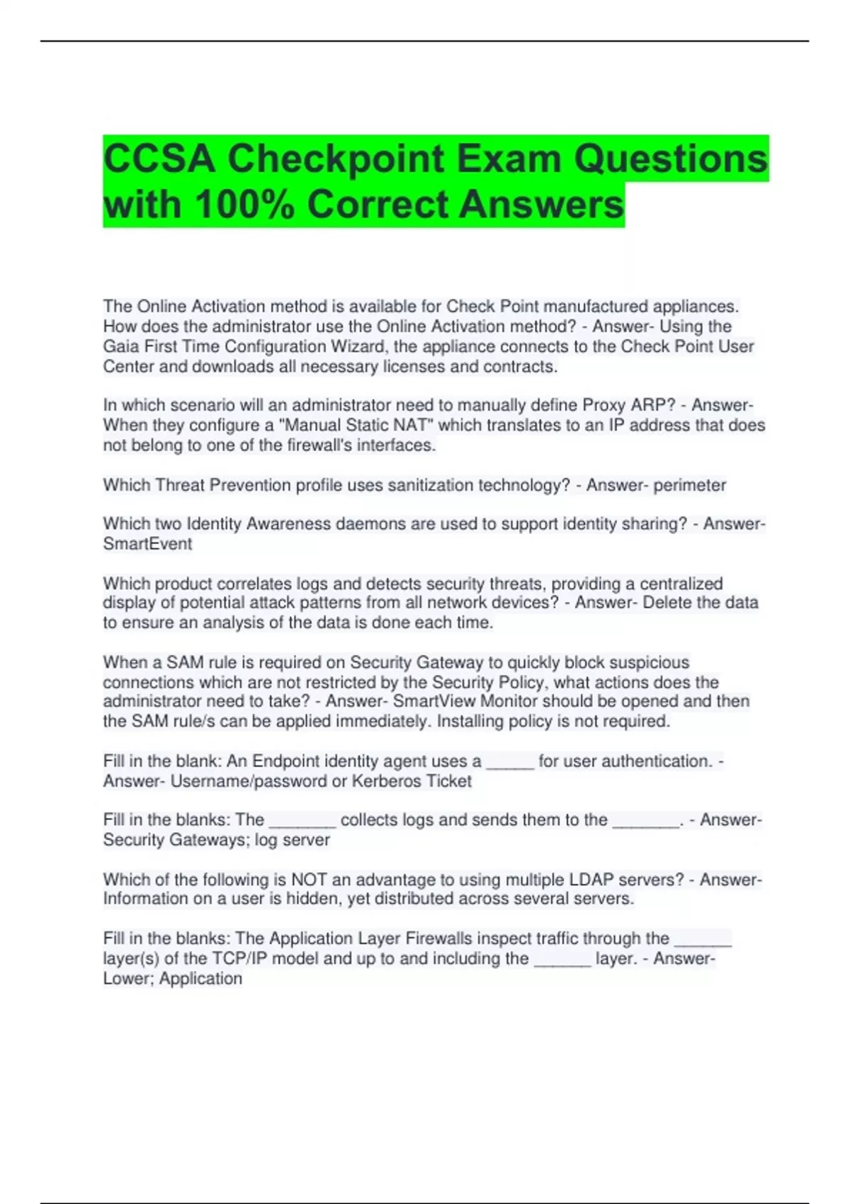 CCSA Checkpoint Exam Questions with 100% Correct Answers - CCSA ...