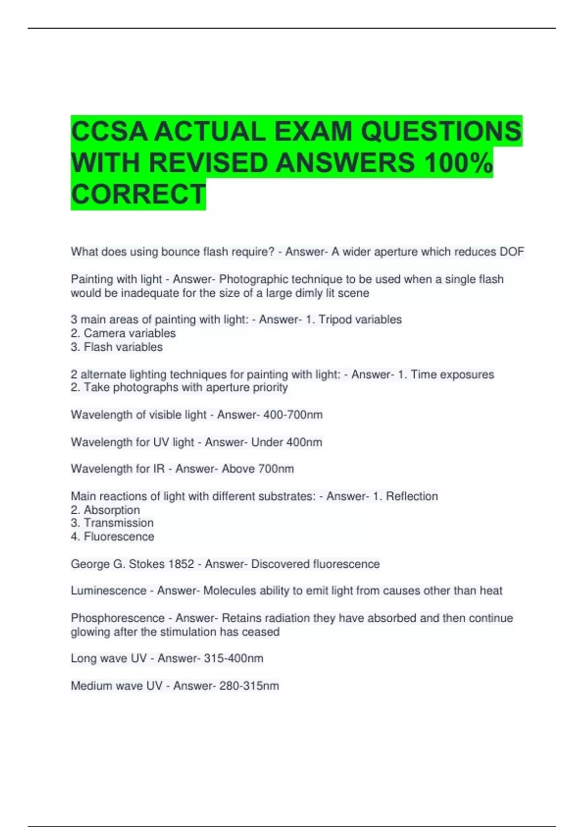 Csca Example Questions CCSA ACTUAL EXAM QUESTIONS WITH REVISED ANSWERS 100% CORRECT - CCSA ...