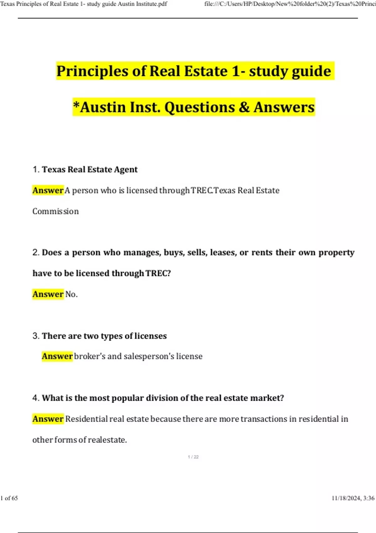 Texas Principles of Real Estate 1- study guide Austin Institute (2024 / 2025) Actual Questions ...