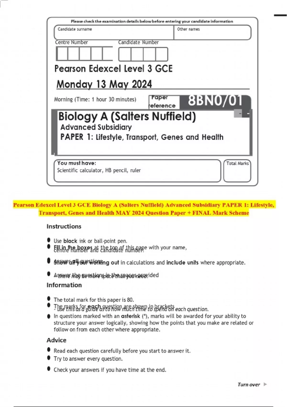 Pearson Edexcel Level 3 GCE Biology A (Salters Nuffield) Advanced ...